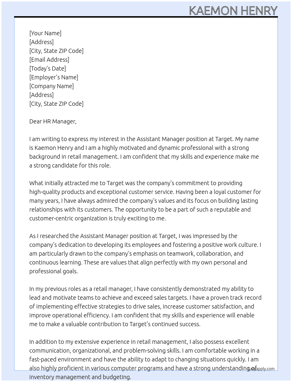 Assitant Manager At Target Cover Letter