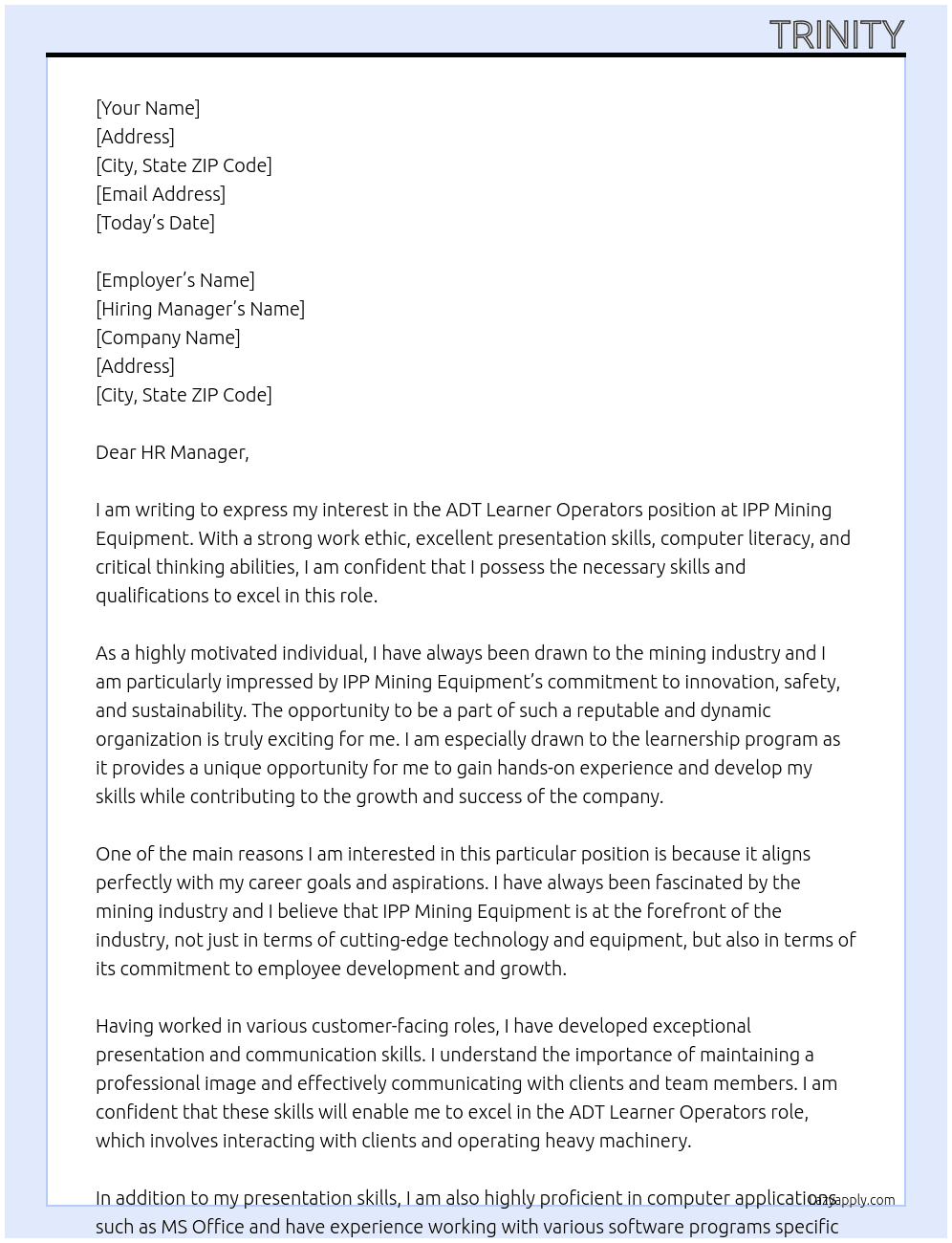 ADT Learner operators At IPP mining equipment Cover Letter