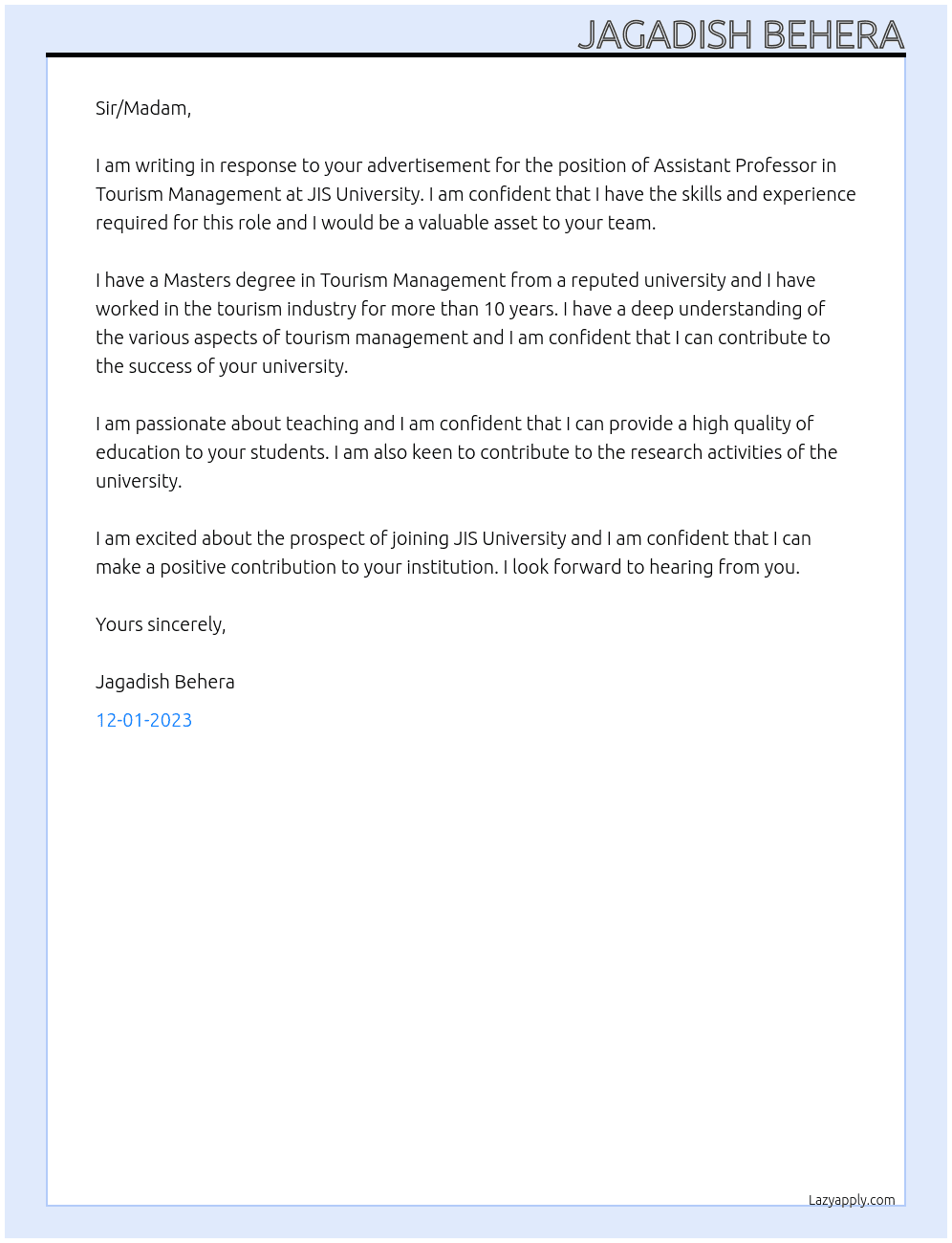 Assistant Professor At JIS UNIVERSITY Cover Letter