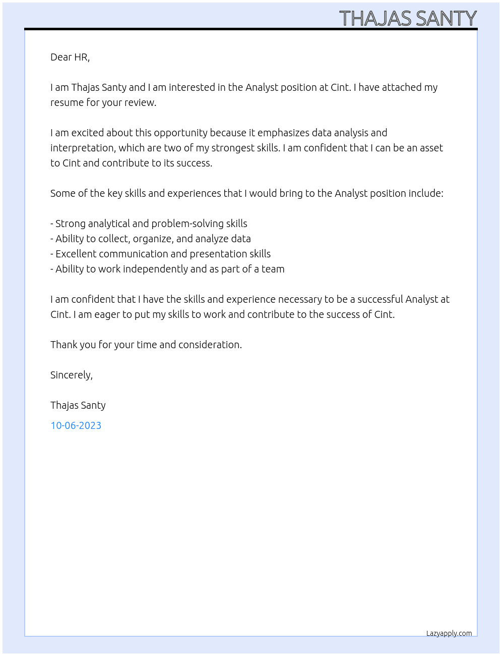 Analyst At Cint Cover Letter