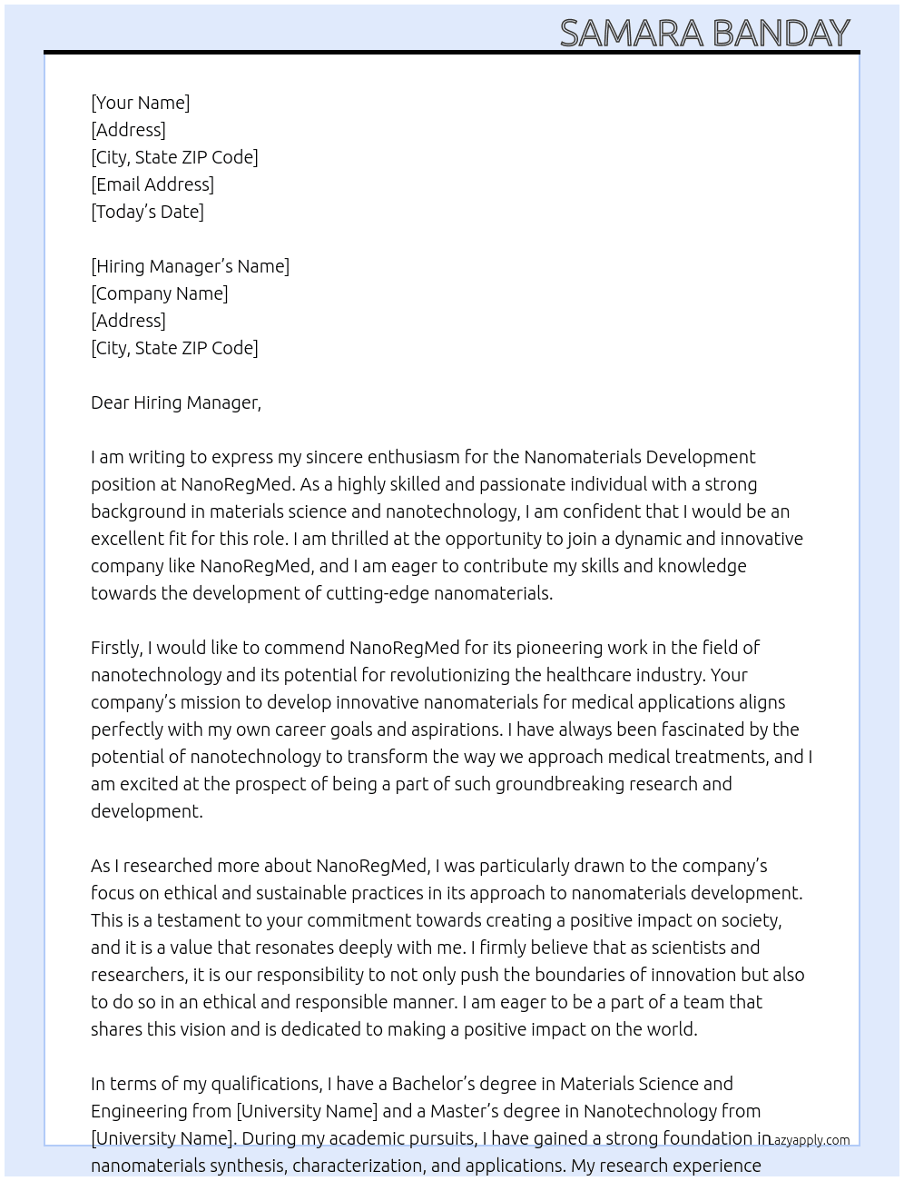 Nanomaterials Development At NanoRegMed Cover Letter