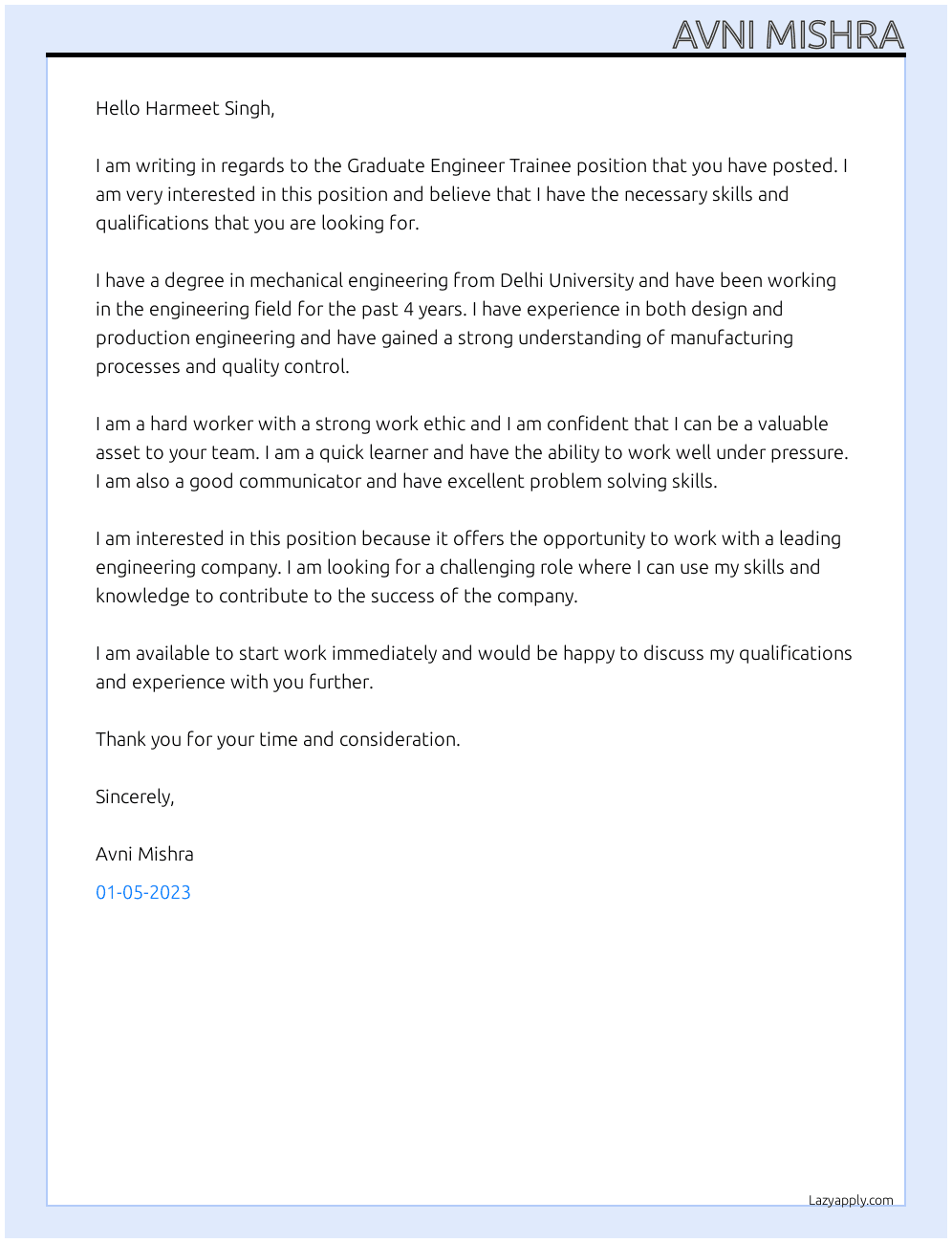 Graduate Engineer Trainee At Ajay m/c tools, Approved Class-1 Contractors Cover Letter