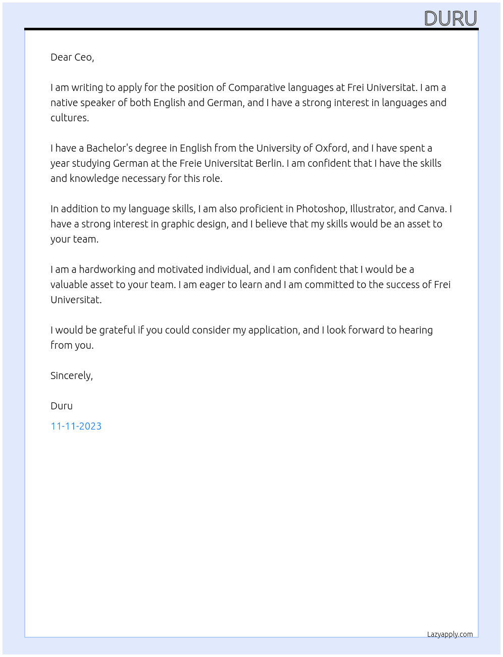 Comparative languages  At Frei universtat Cover Letter