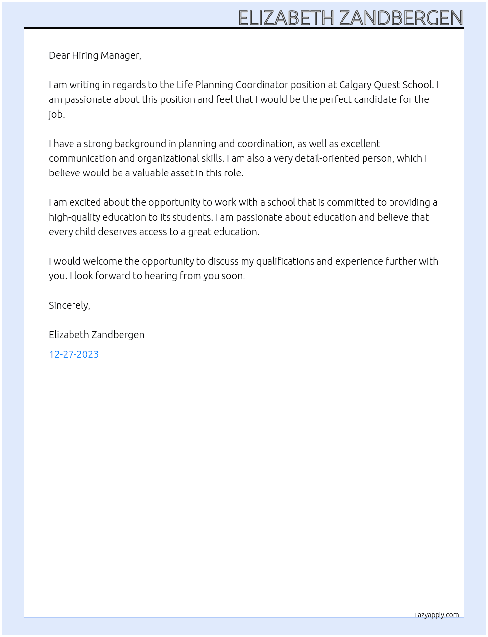 Life Planning Coordinator At Calgary Quest School Cover Letter