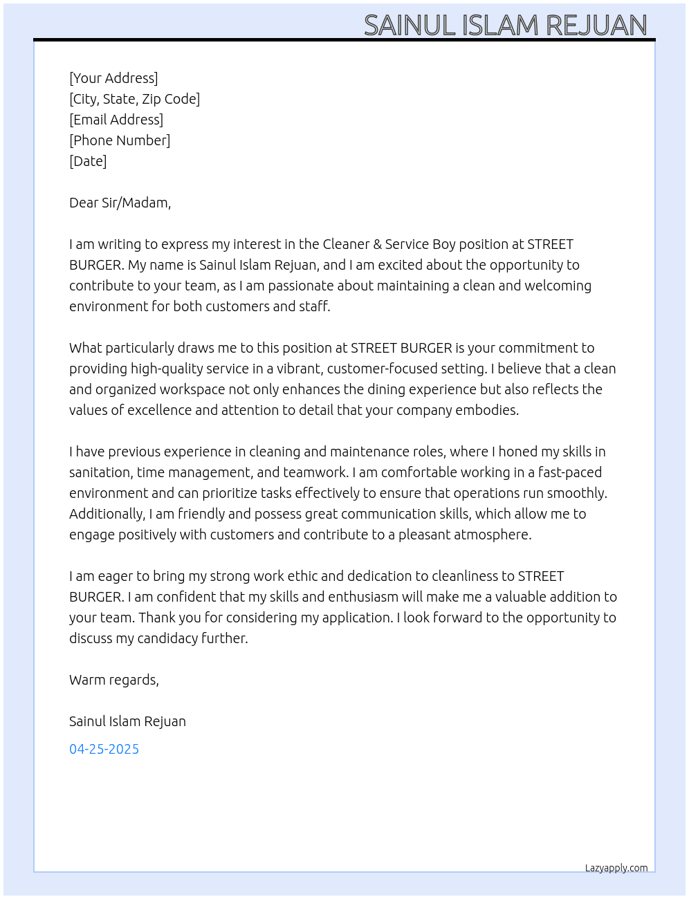 Cleaner & Service Boy At STREET BURGER Cover Letter