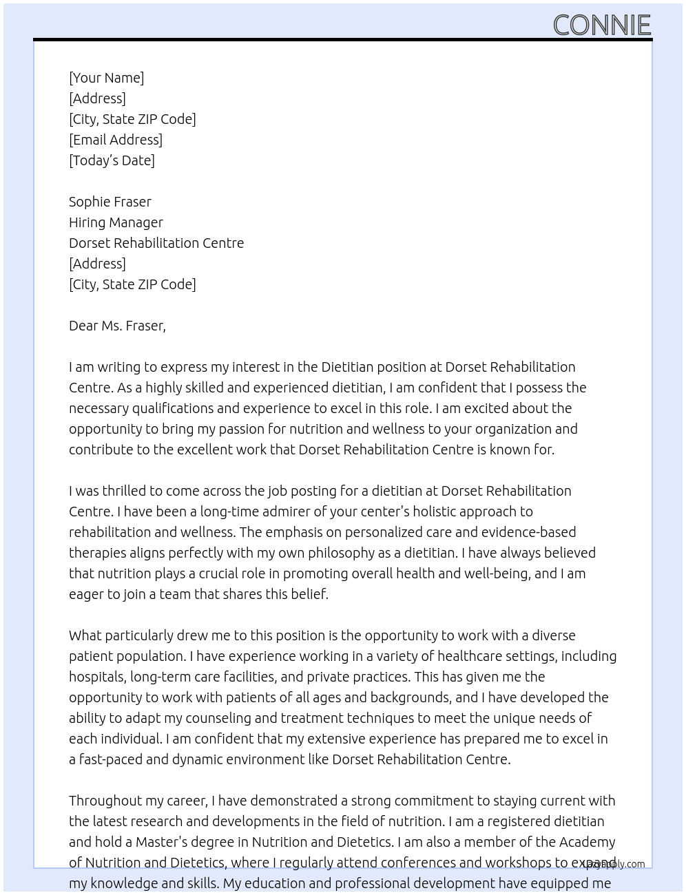 Dietitian At Dorset Rehabilitation Centre Cover Letter