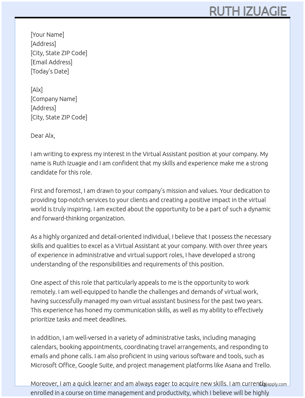 Virtual Assistant  At Alx Cover Letter