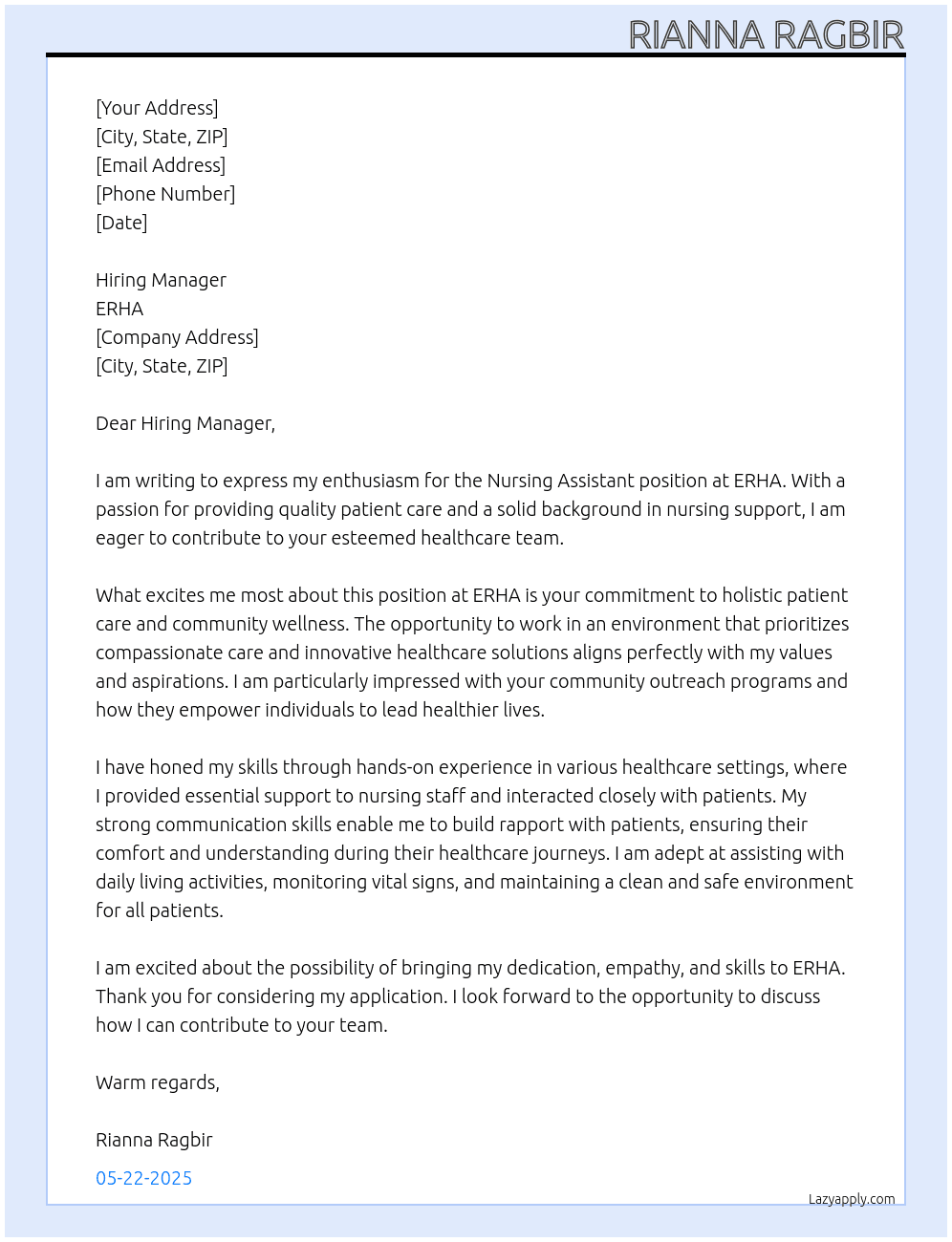nursing assistant At ERHA Cover Letter