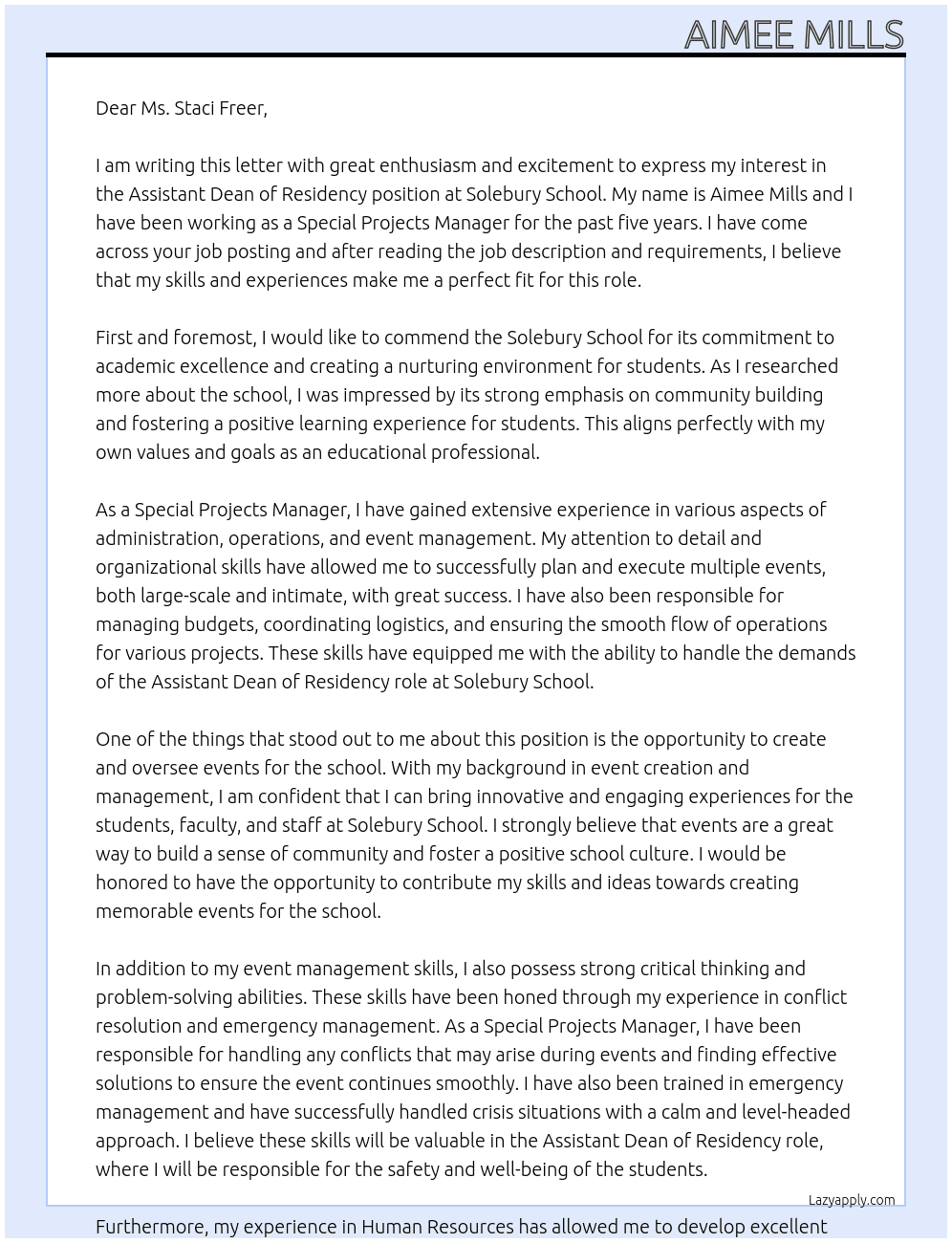 Assistant Dean of Residency At Solebury Scool Cover Letter