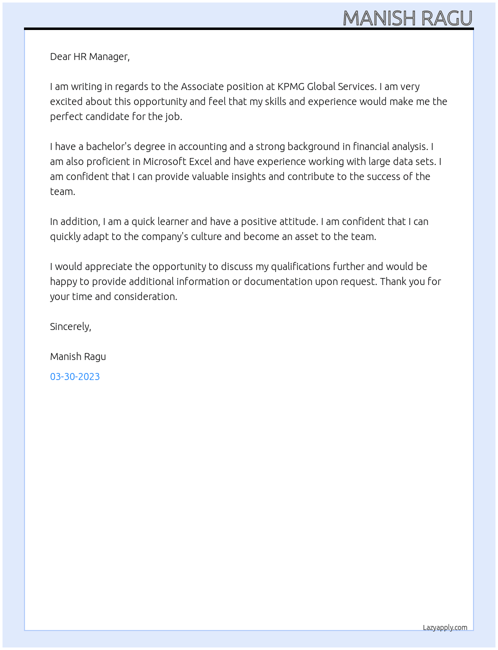 Associate  At KPMG Global Services Cover Letter