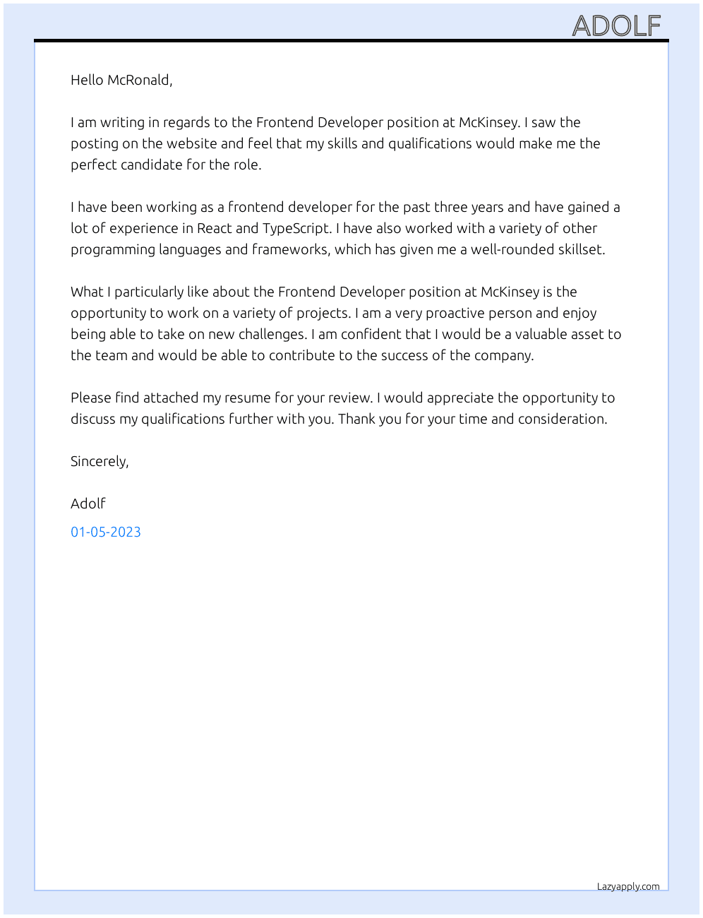 frontend developer  At McKinsey Cover Letter