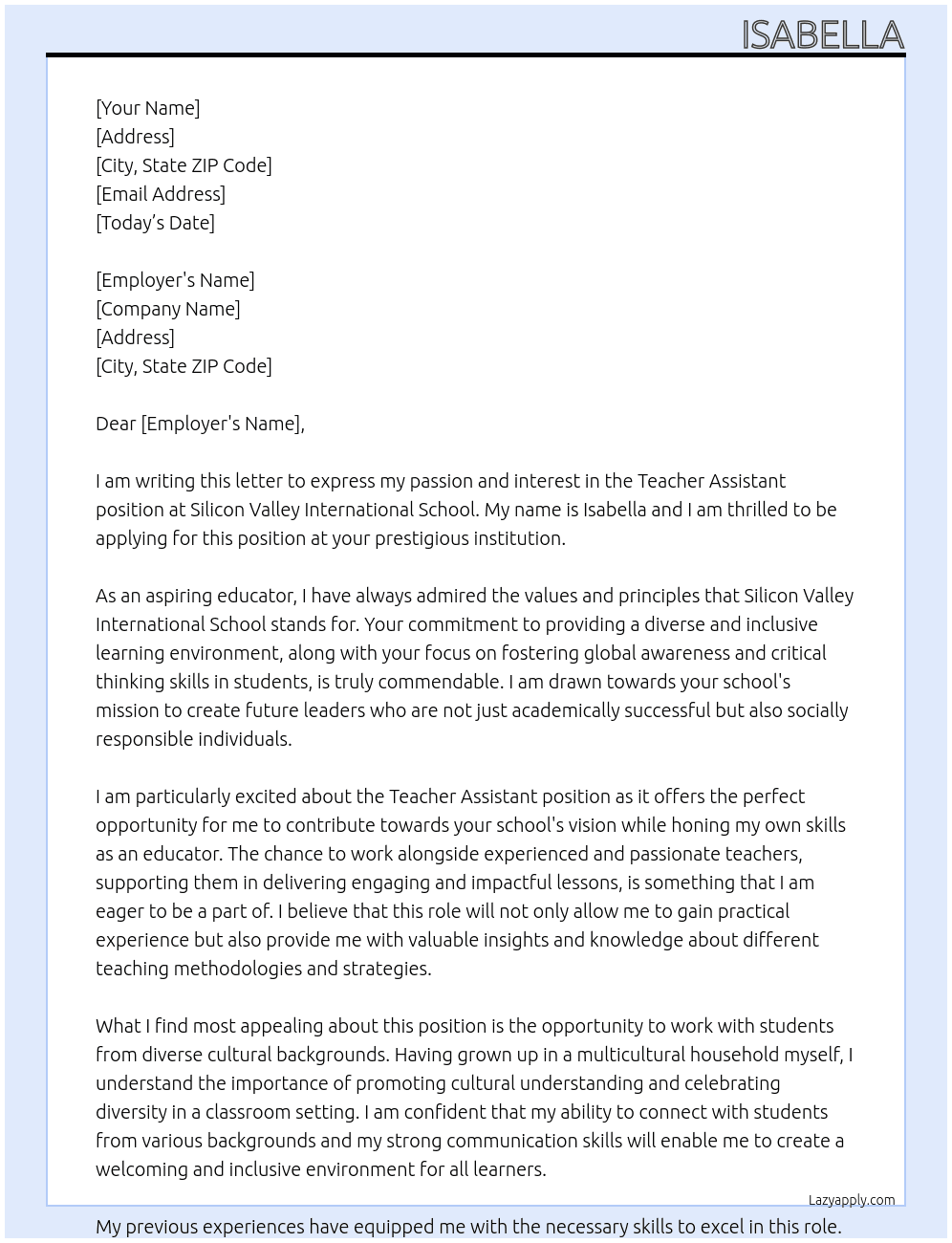 teacher assitant At Silicon Valley International School  Cover Letter