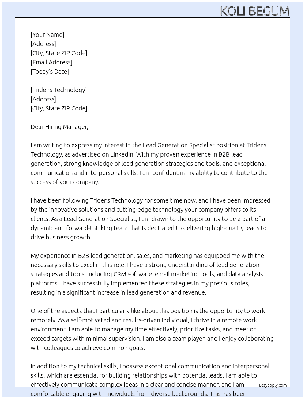 Lead Generation Specialist At linkedin Cover Letter