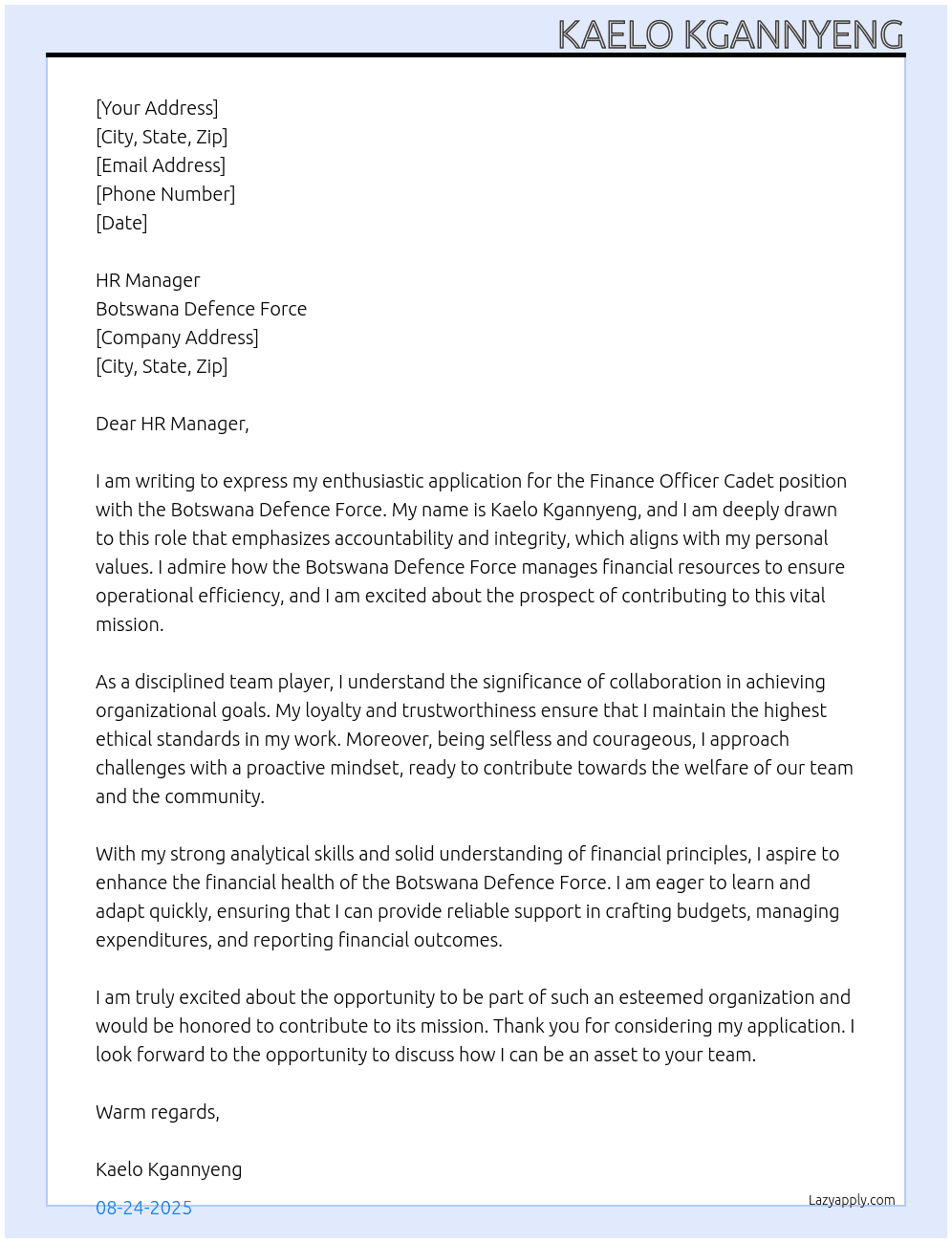 FINANCE OFFICER CADET  At Botswana Defence Force  Cover Letter