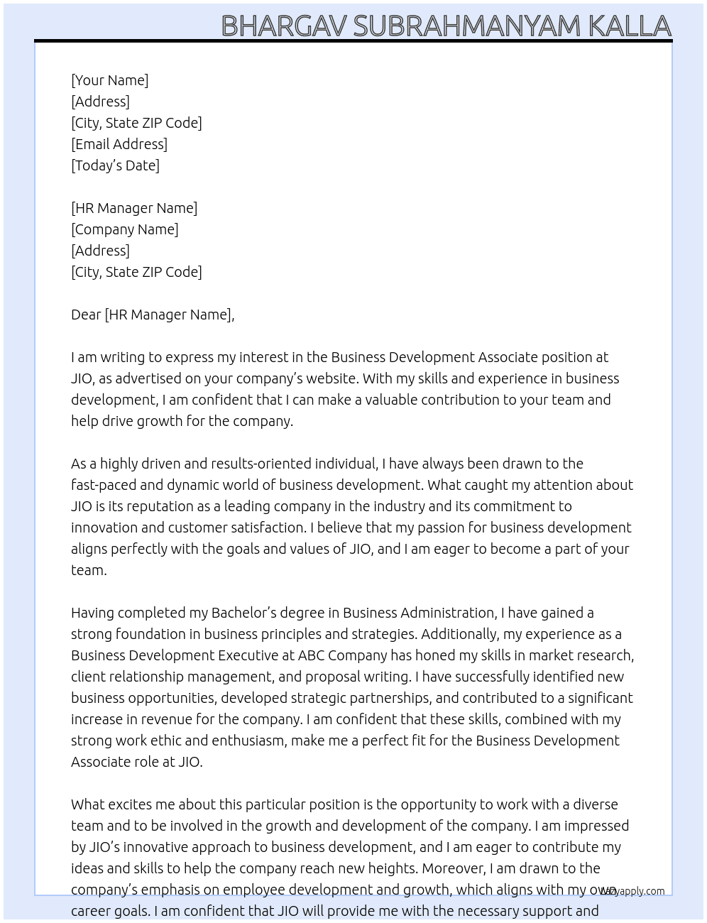 Business Development Associate At JIO Cover Letter
