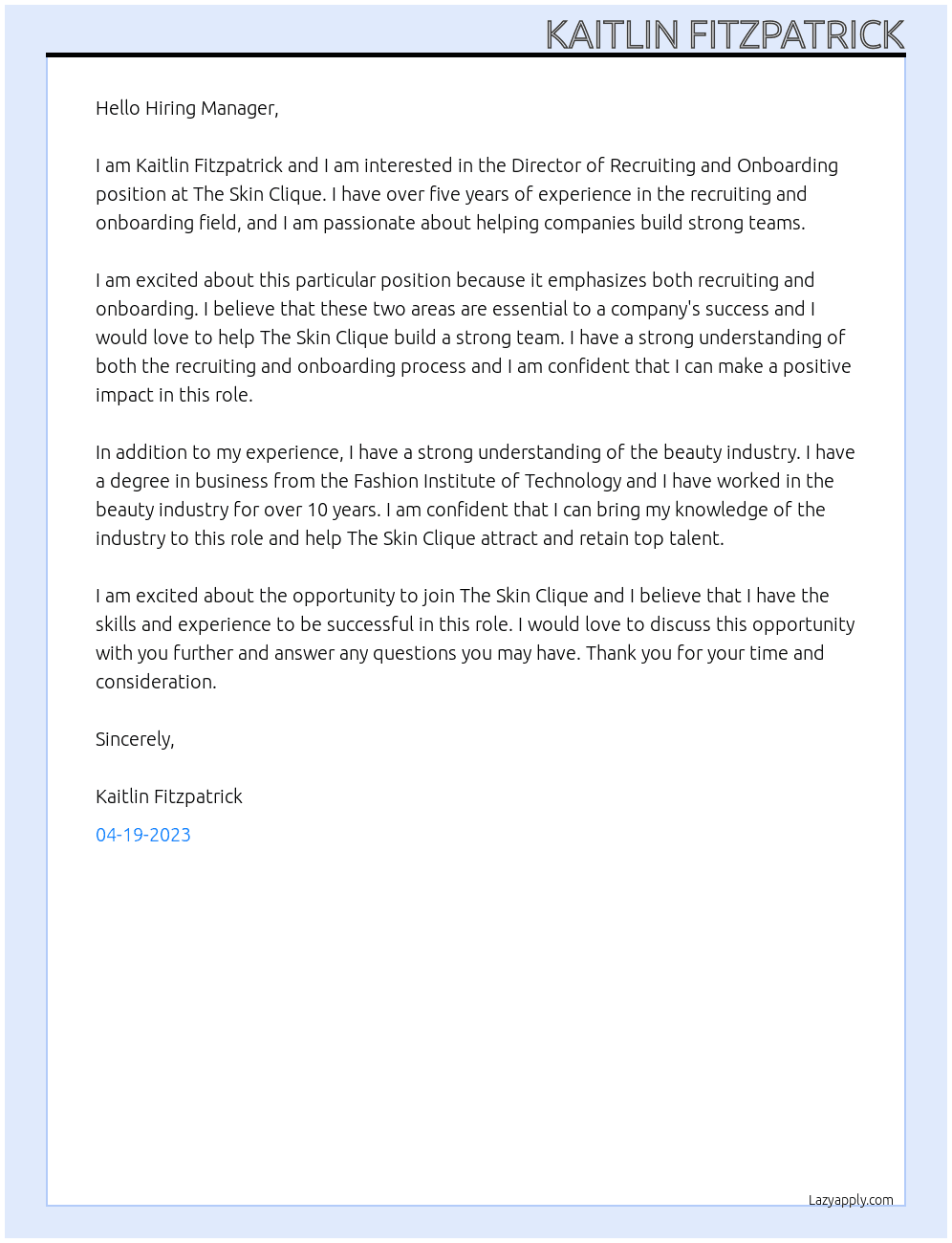 Director of Recruiting and Onboarding At The Skin Clique Cover Letter