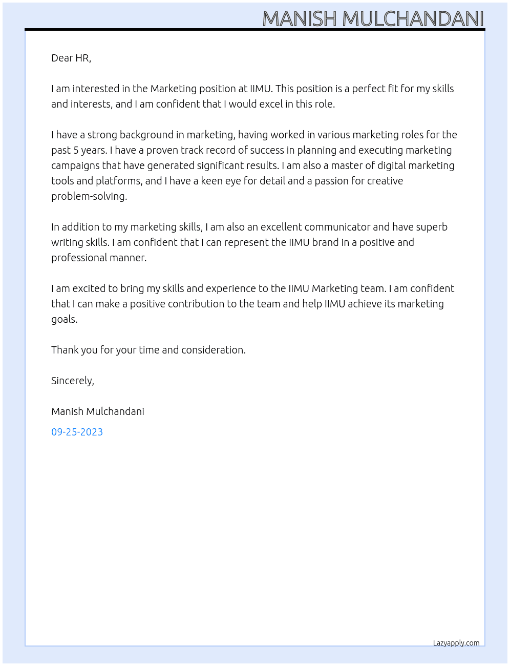 Marketing At IIMU Cover Letter