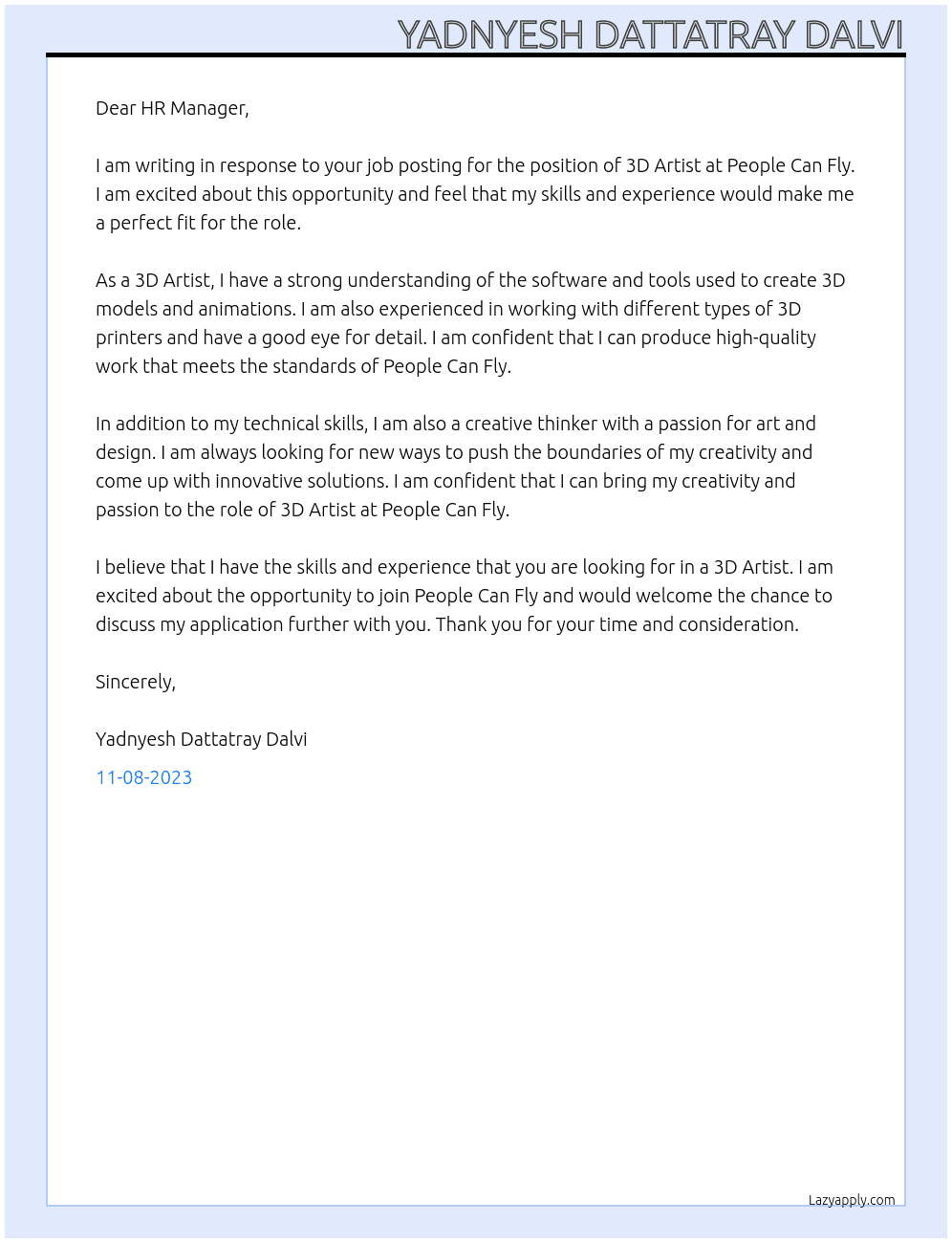 3D Artist At People Can Fly Cover Letter