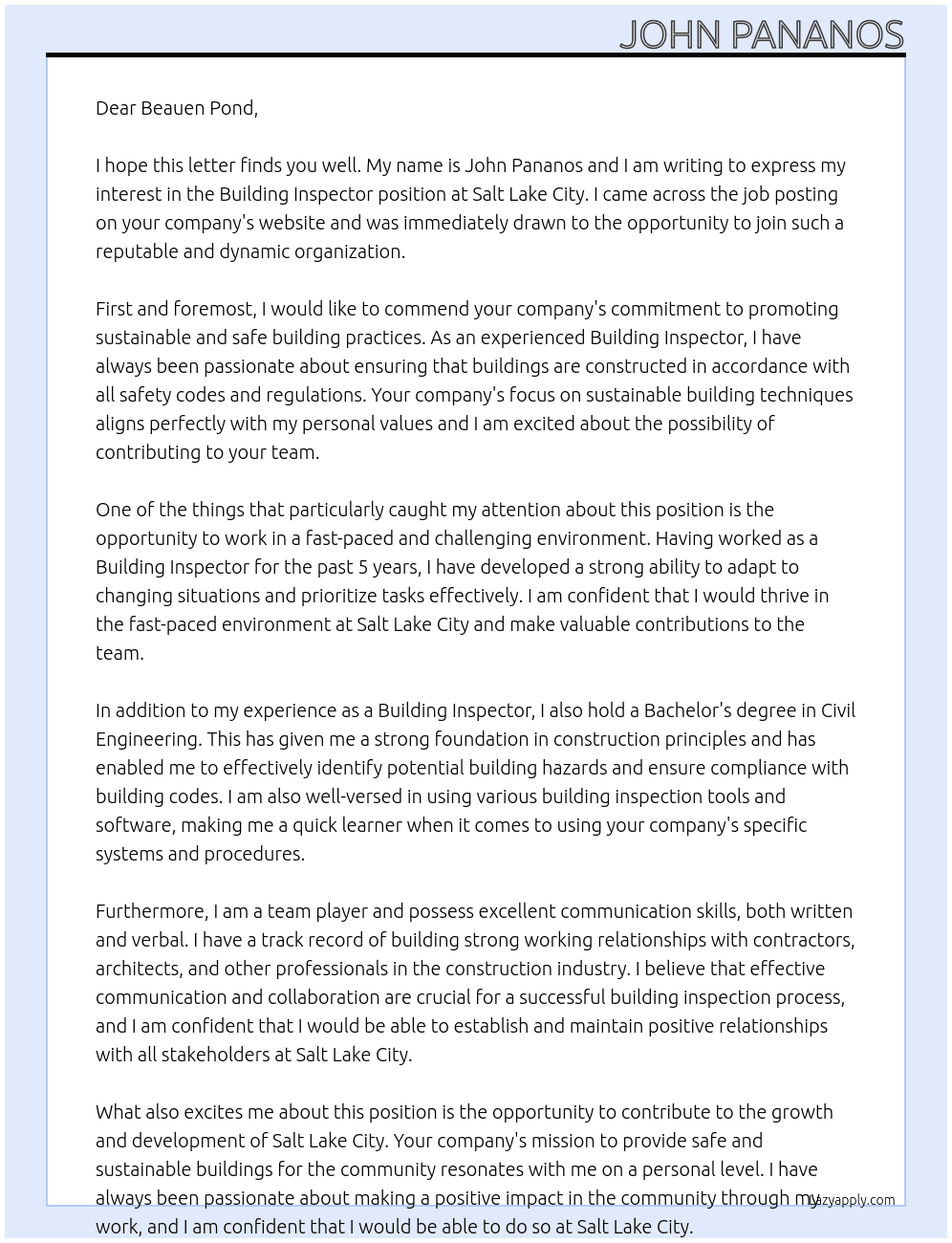 Building Inspector At Salt Lake City Cover Letter
