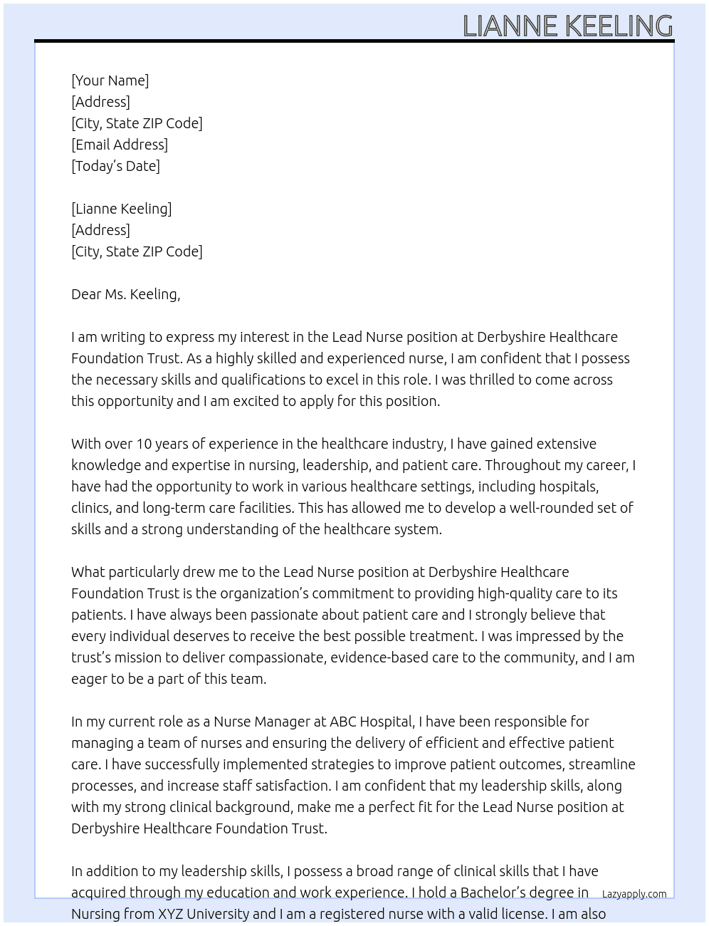 Lead nurse At Derbyshire Healthcare foundation trust Cover Letter