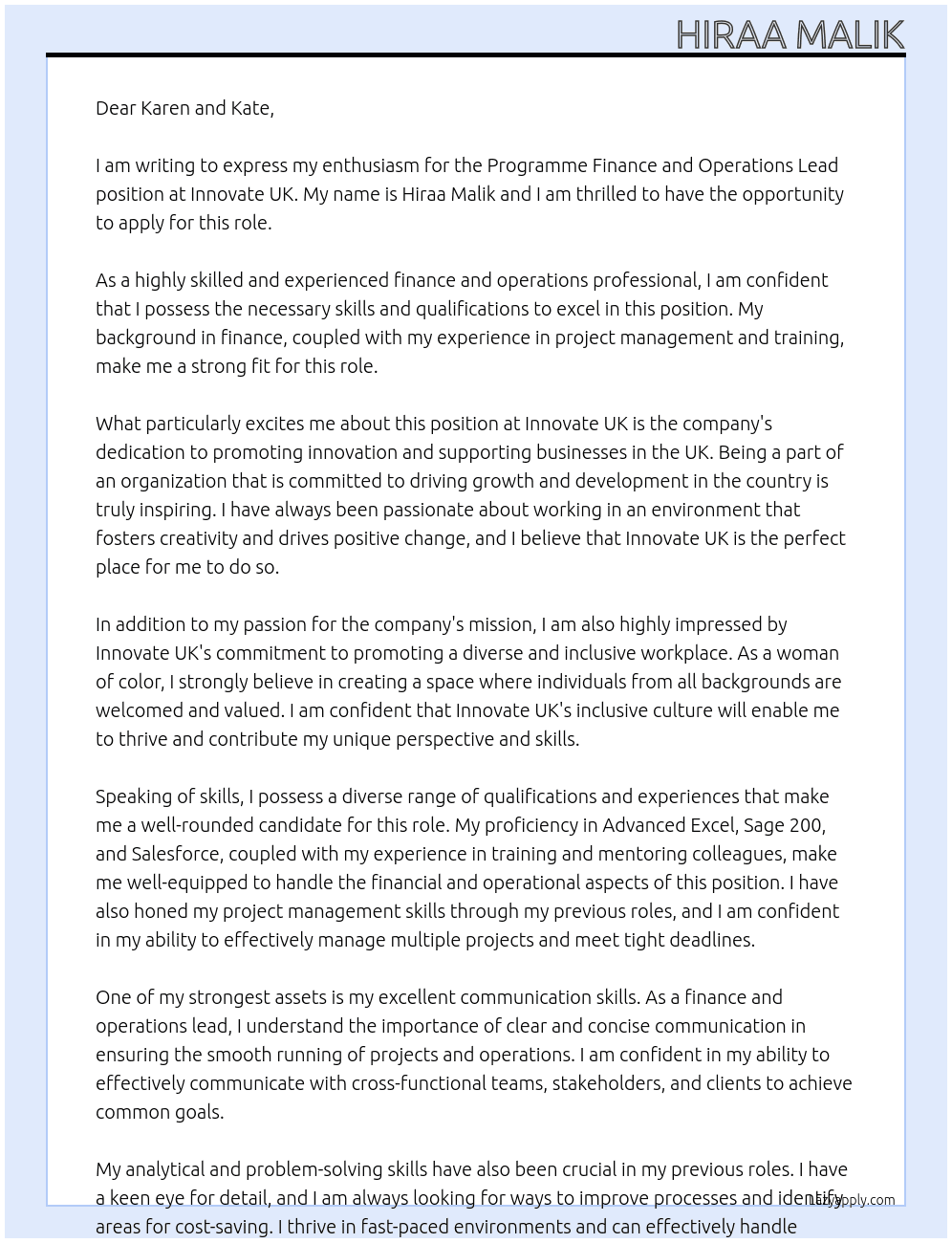 Programme Finance and Operations Lead At Innovate UK Cover Letter