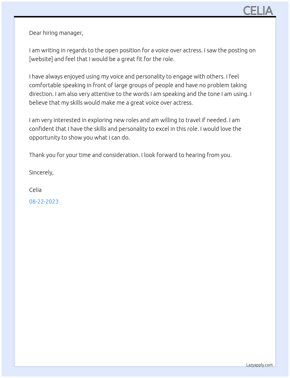 Voice over actress  At Voice over actress  Cover Letter