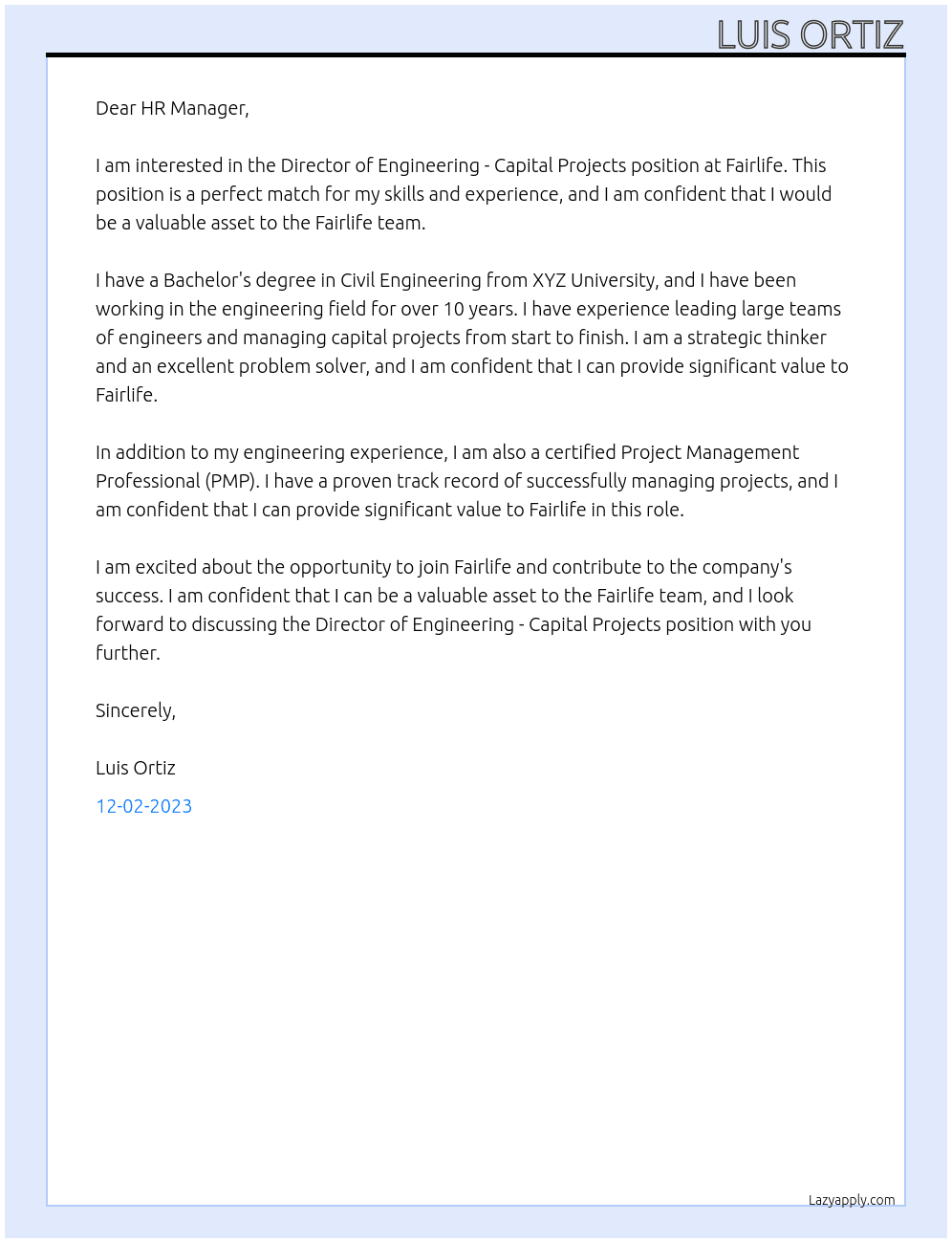 Director of Engineering - Capital Projects At FAIRLIFE Cover Letter