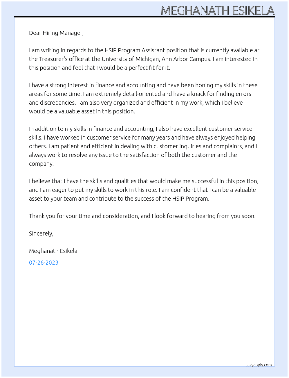 HSIP Program Assitant At Treasurer's office, Univesity of Michigan, Ann Arbor Campus Cover Letter