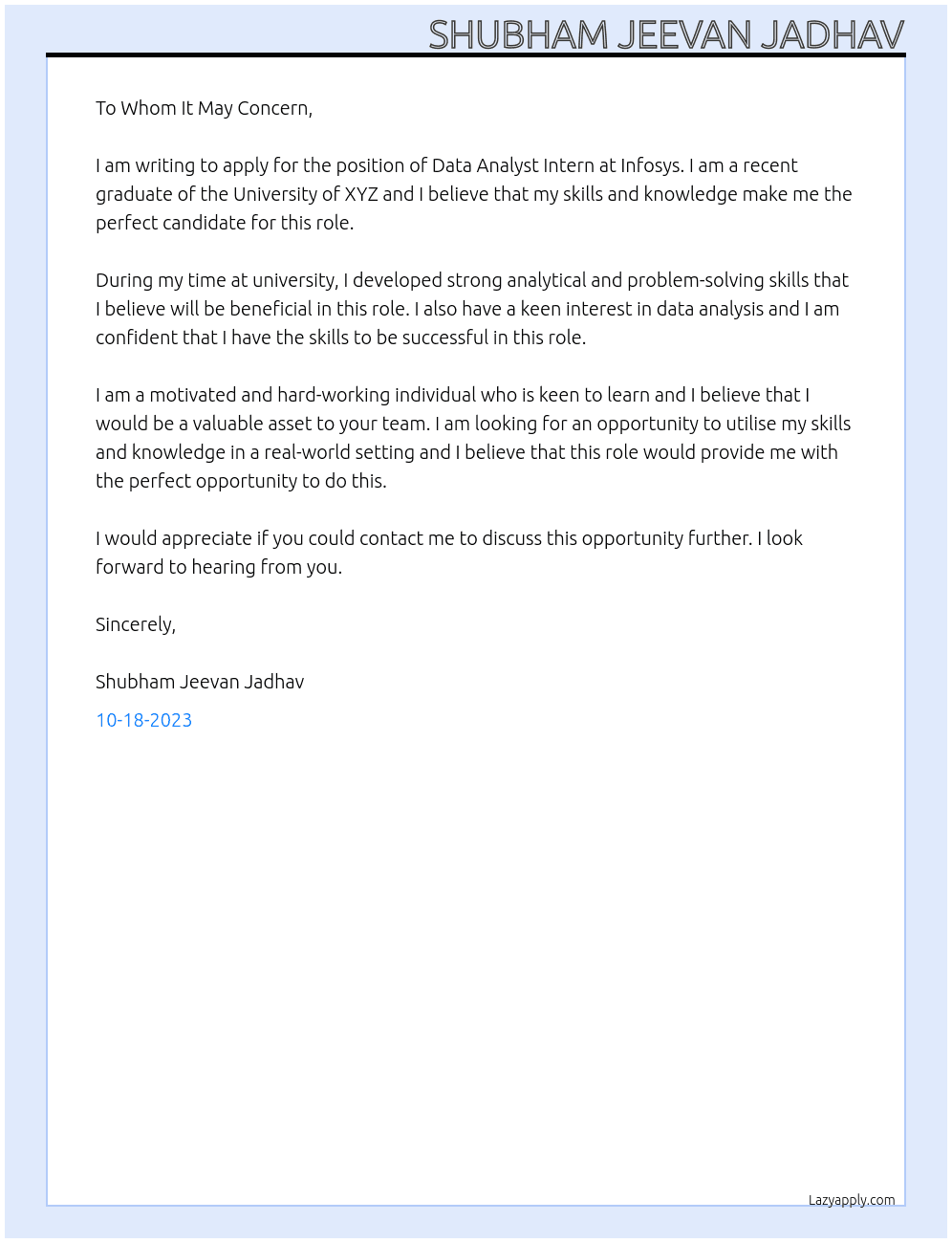 data analyst intern At Infosys Cover Letter