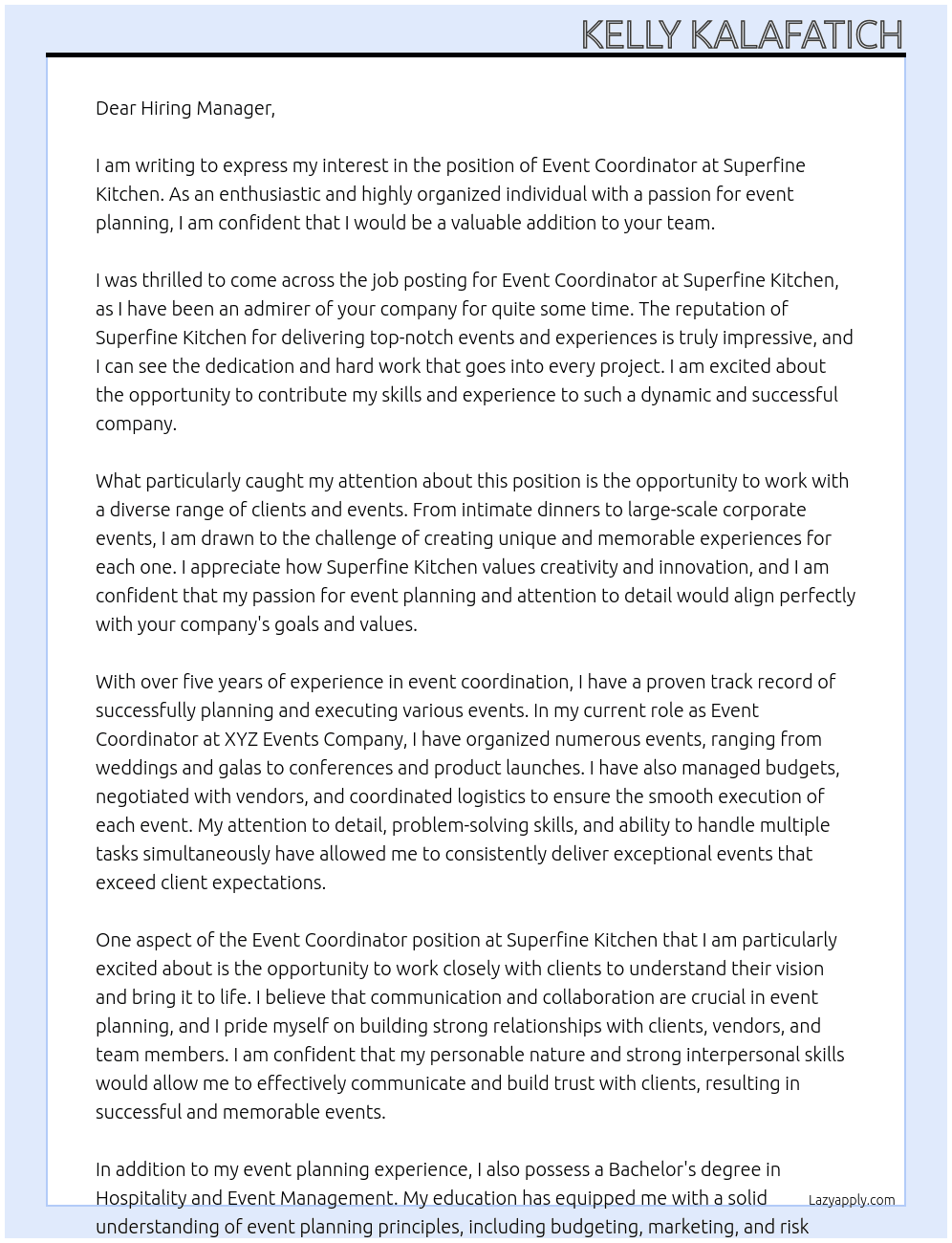 Event Coordinator At Superfine Kitchen Cover Letter