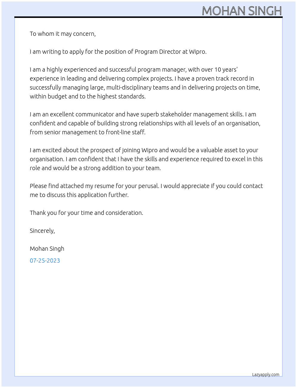 Program Director At Wipro Cover Letter