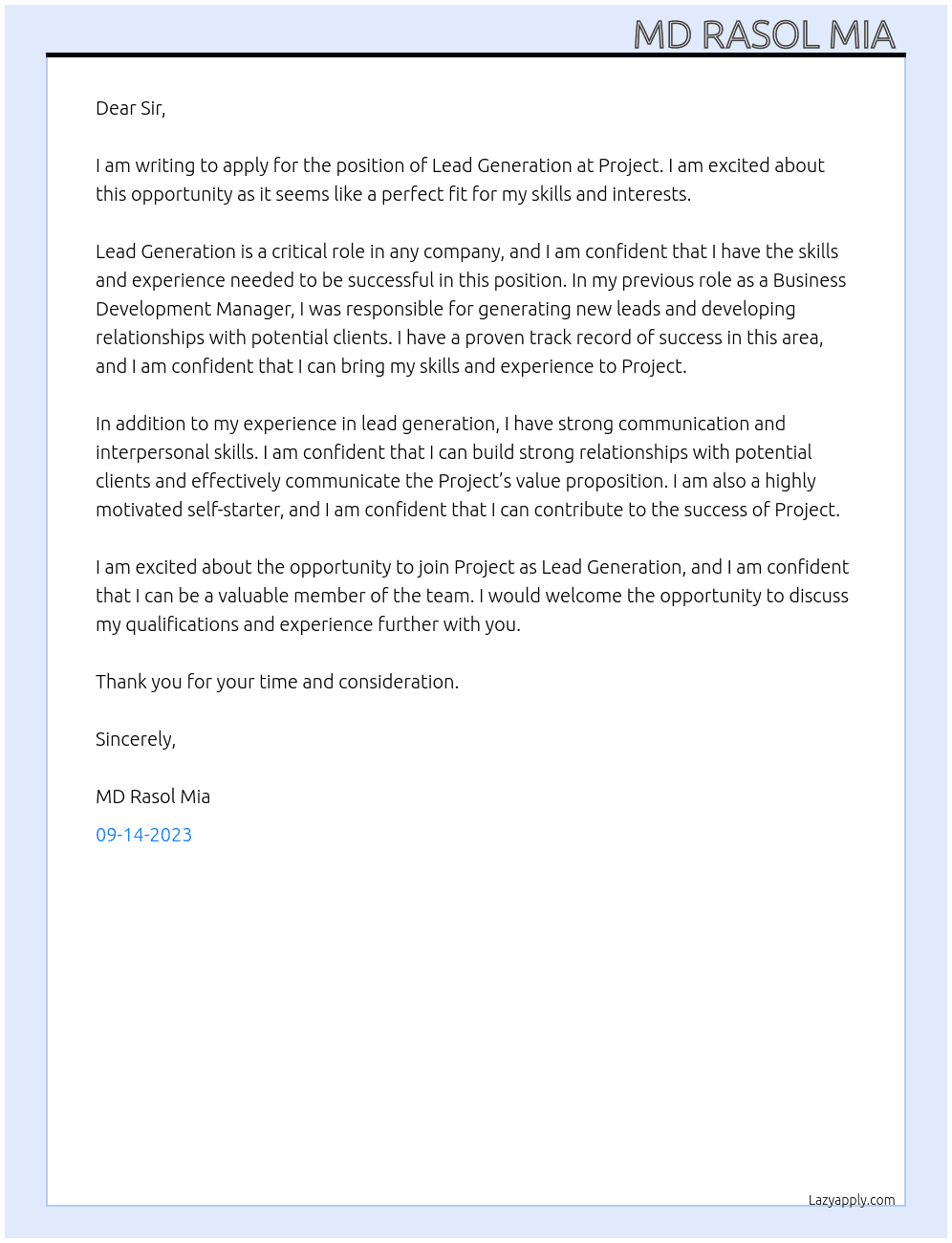 Lead generation  At Project  Cover Letter
