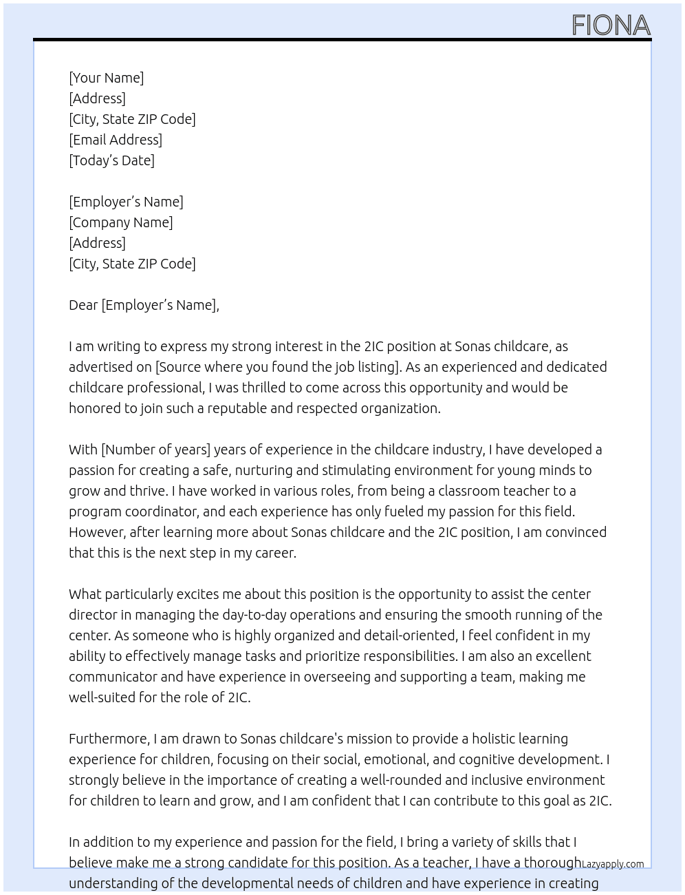 2IC At Sonas childcare Cover Letter