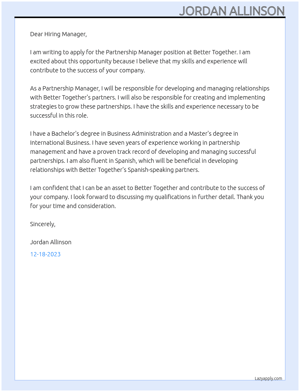 Partnership Manager At Better Together Cover Letter