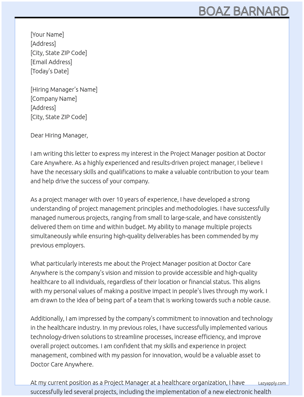 Project Manager At Doctor Care Anywhere Cover Letter