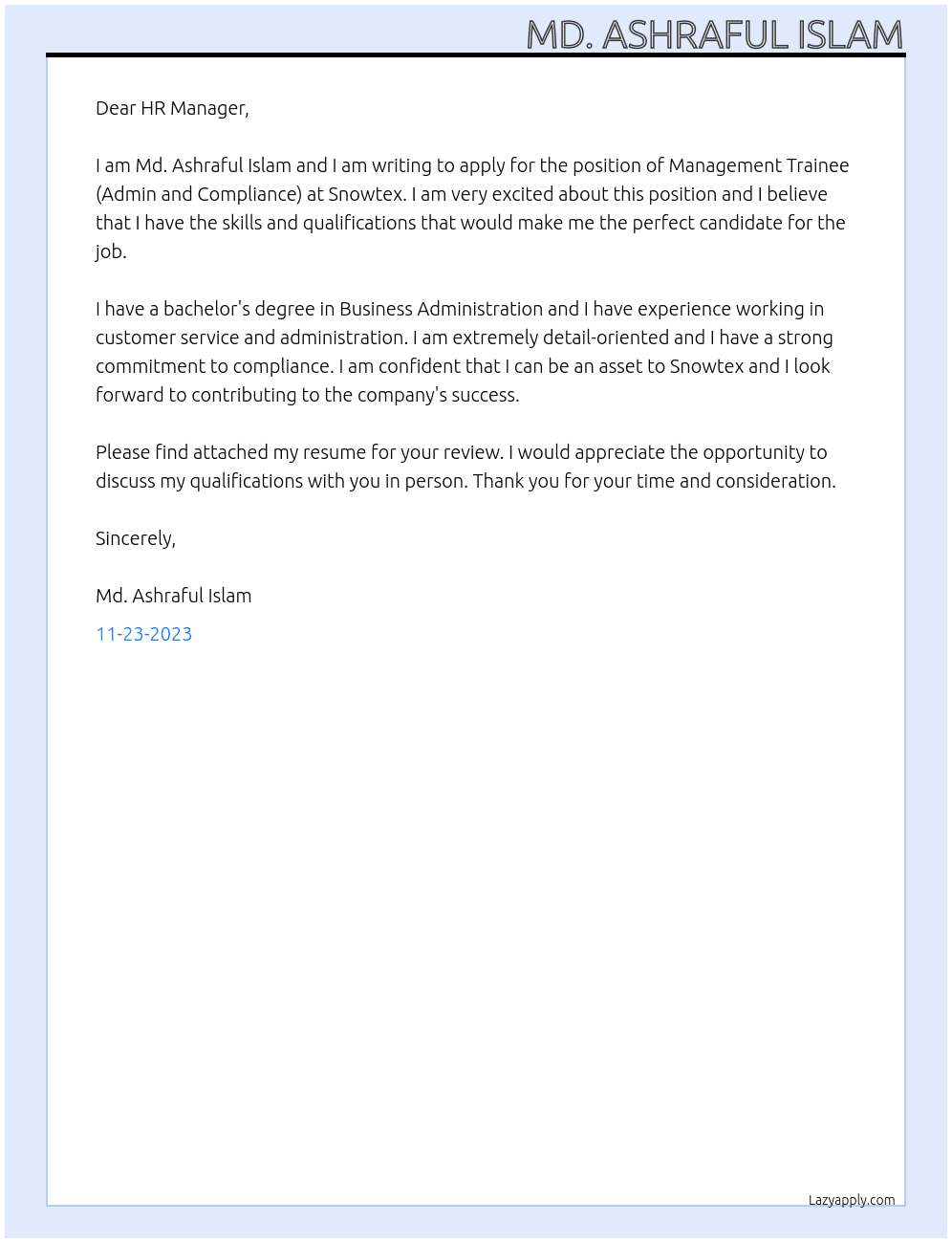 Management Trainee ( Admin and Compliance)  At Snowtex  Cover Letter