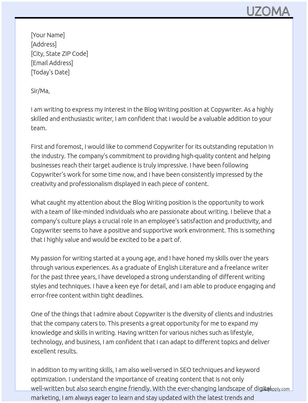 Blogwriting At Copywriter  Cover Letter