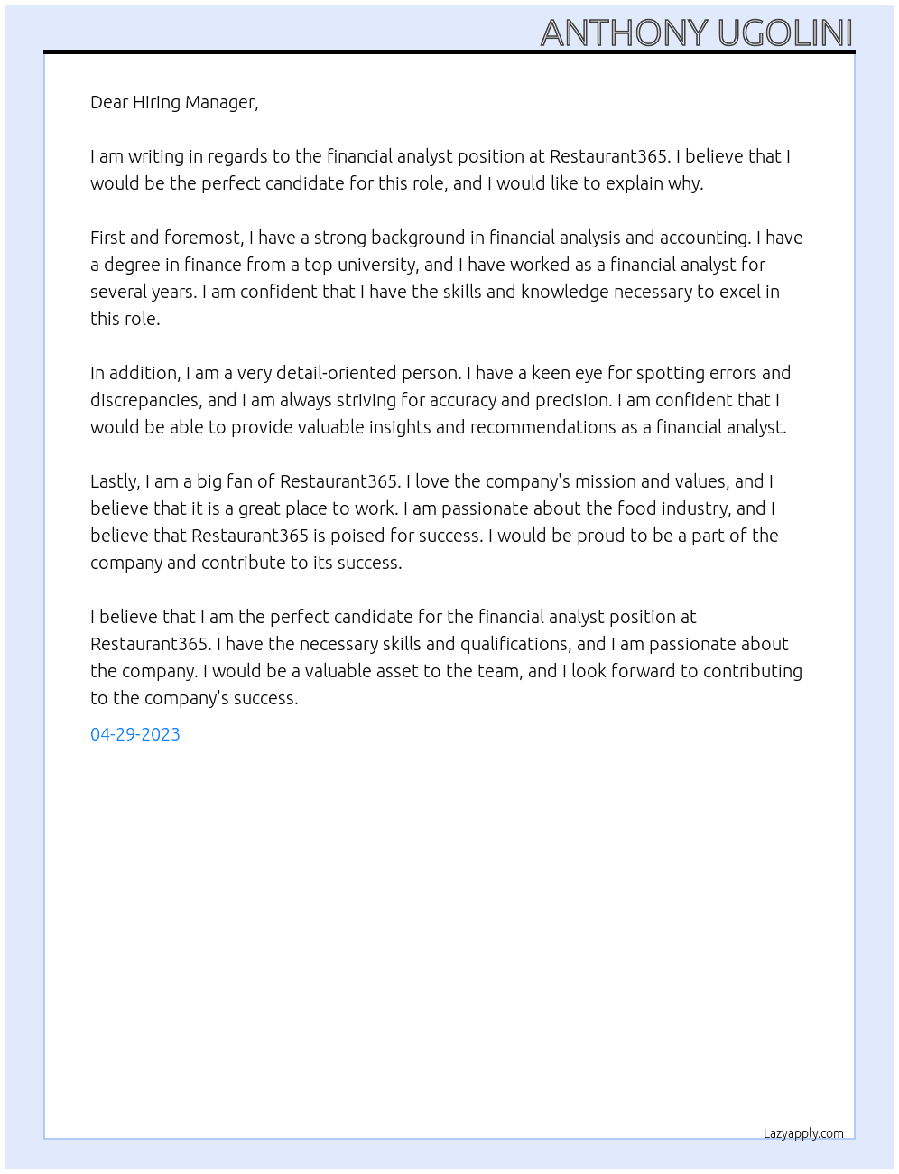 Financial Analyst  At Restaurant365  Cover Letter