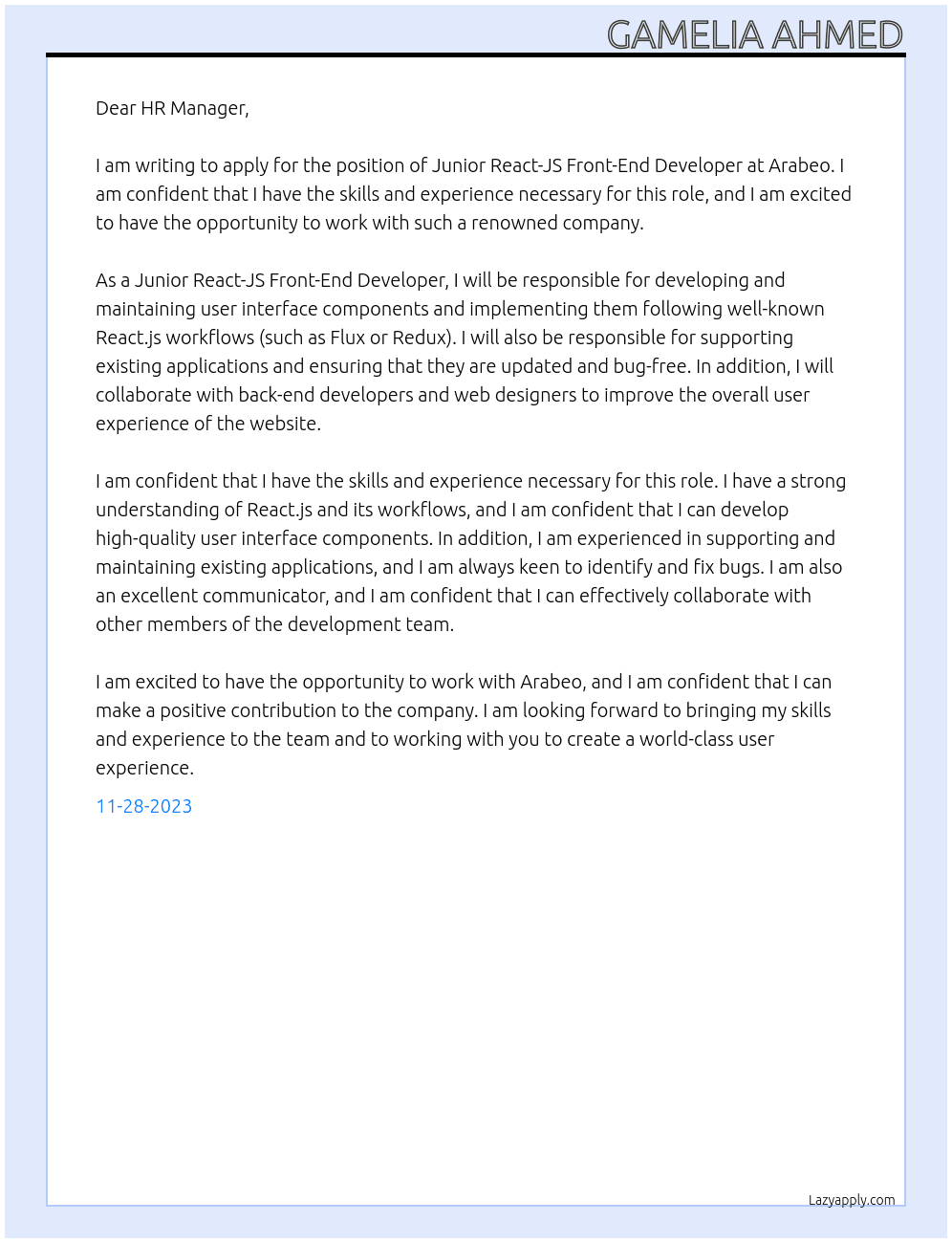 Junior react-js front-end developer At arabea Cover Letter