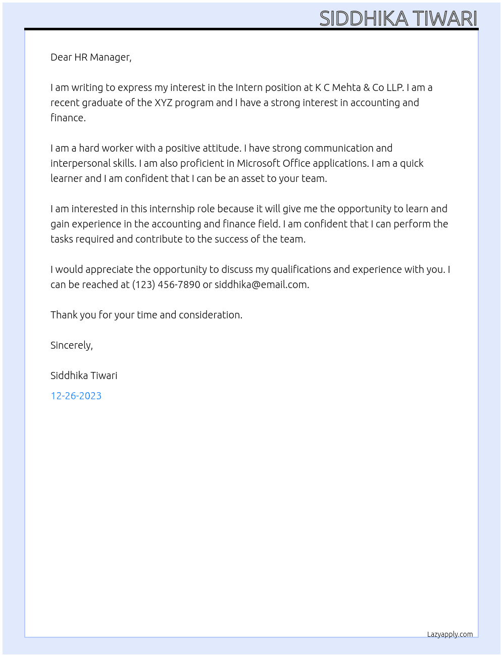 Intern At K C Mehta & Co LLP Cover Letter