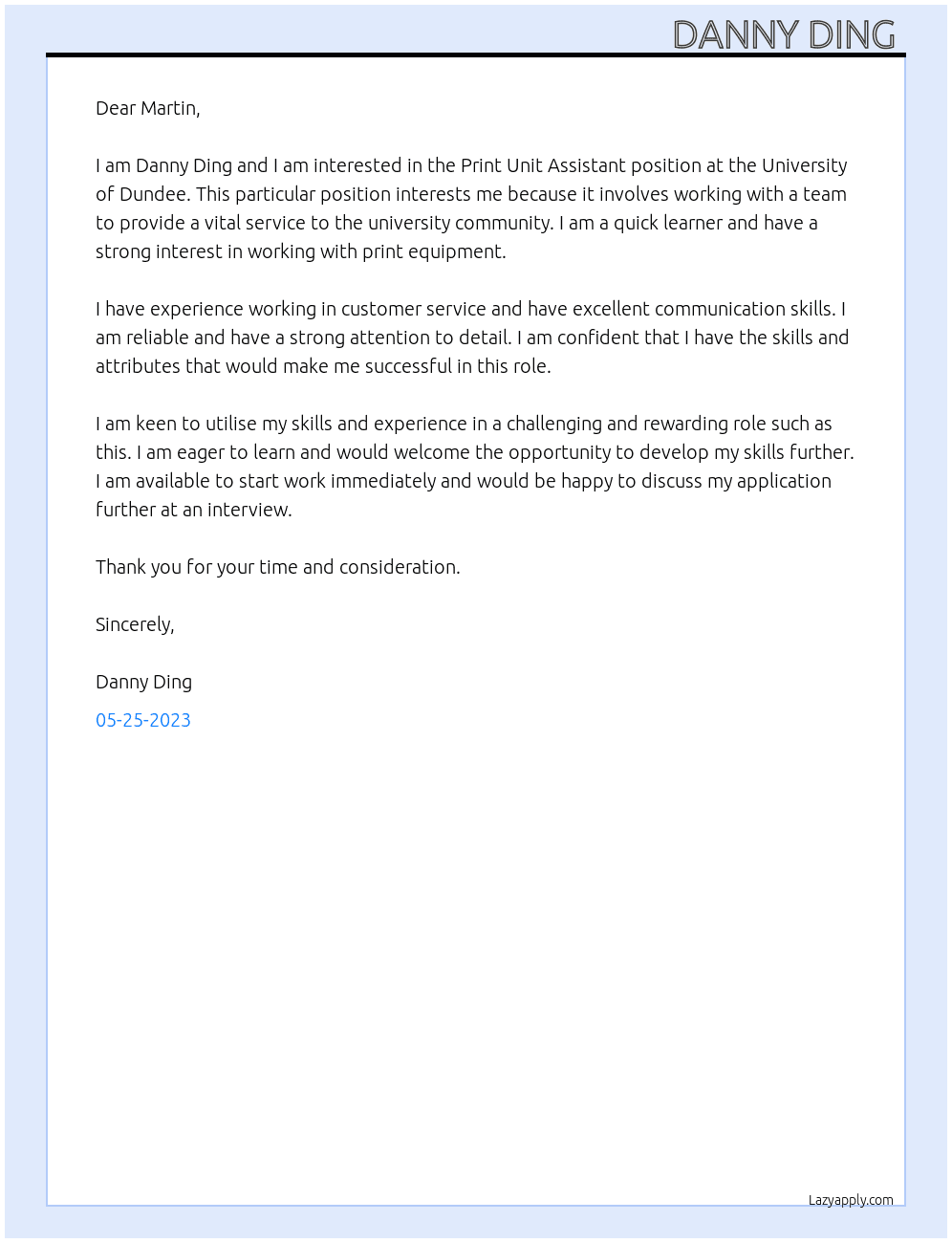 Print Unite Assistant  At University of Dundee  Cover Letter