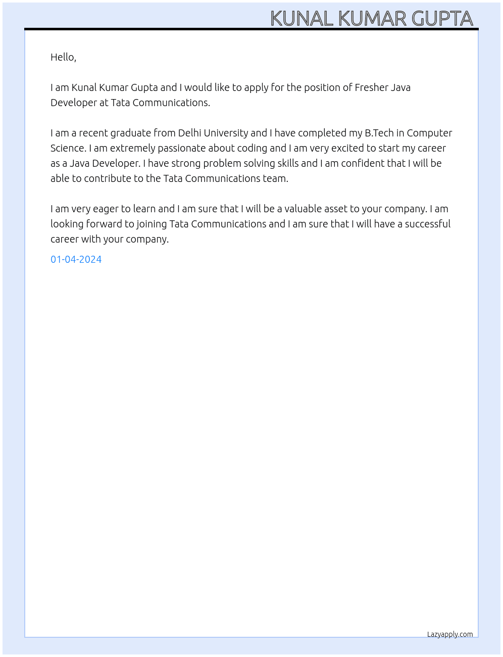Fresher Java Developer  At Tata Communications  Cover Letter
