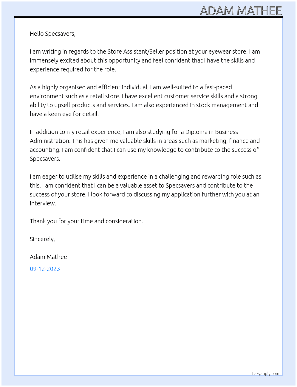 Store Assitant/Seller at Eyewear store At Specsavers Cover Letter