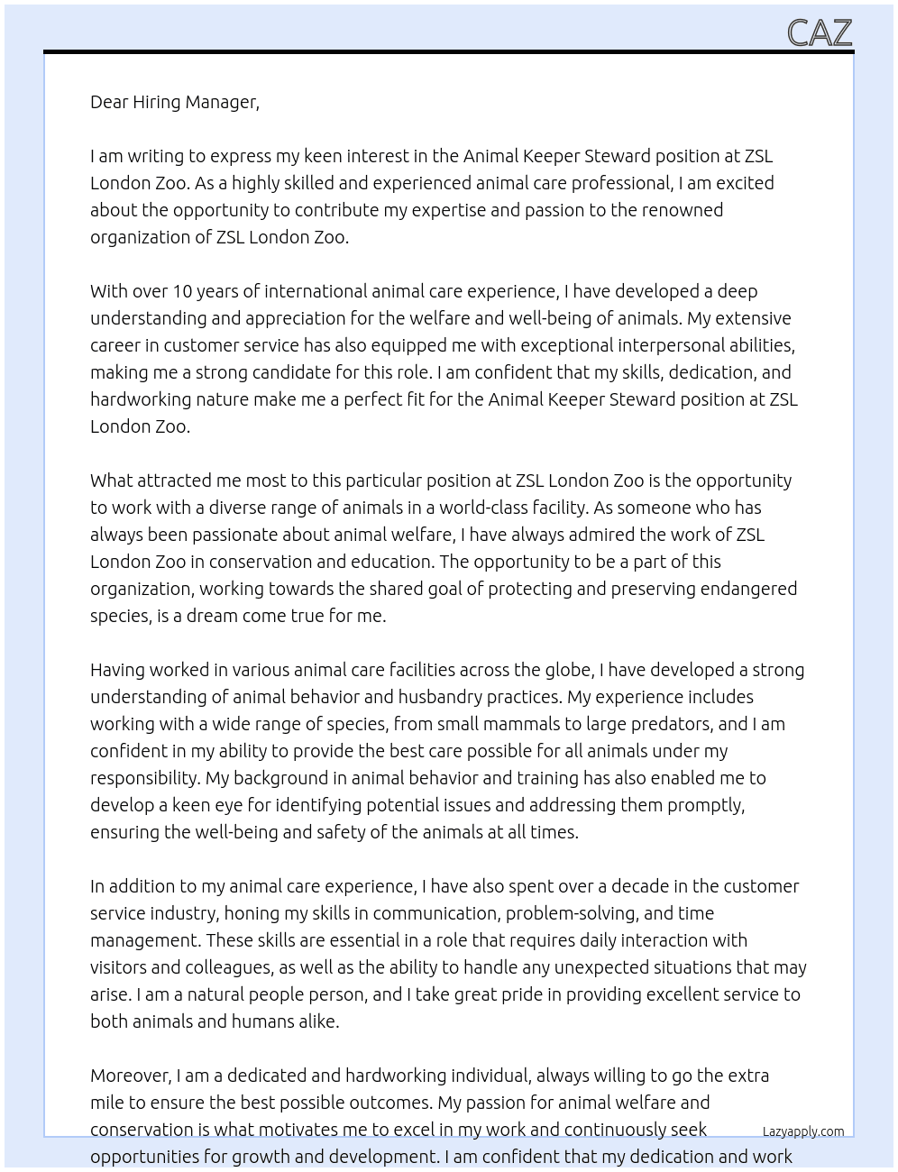 animal keeper steward At ZSL London Zoo Cover Letter