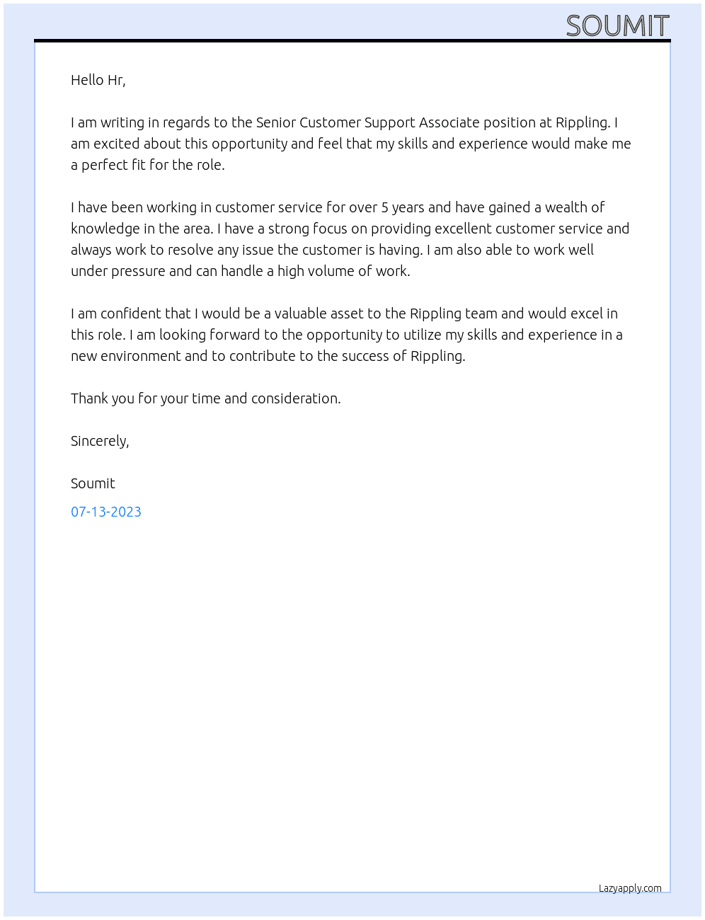 Senior customers support Associate At Rippling Cover Letter
