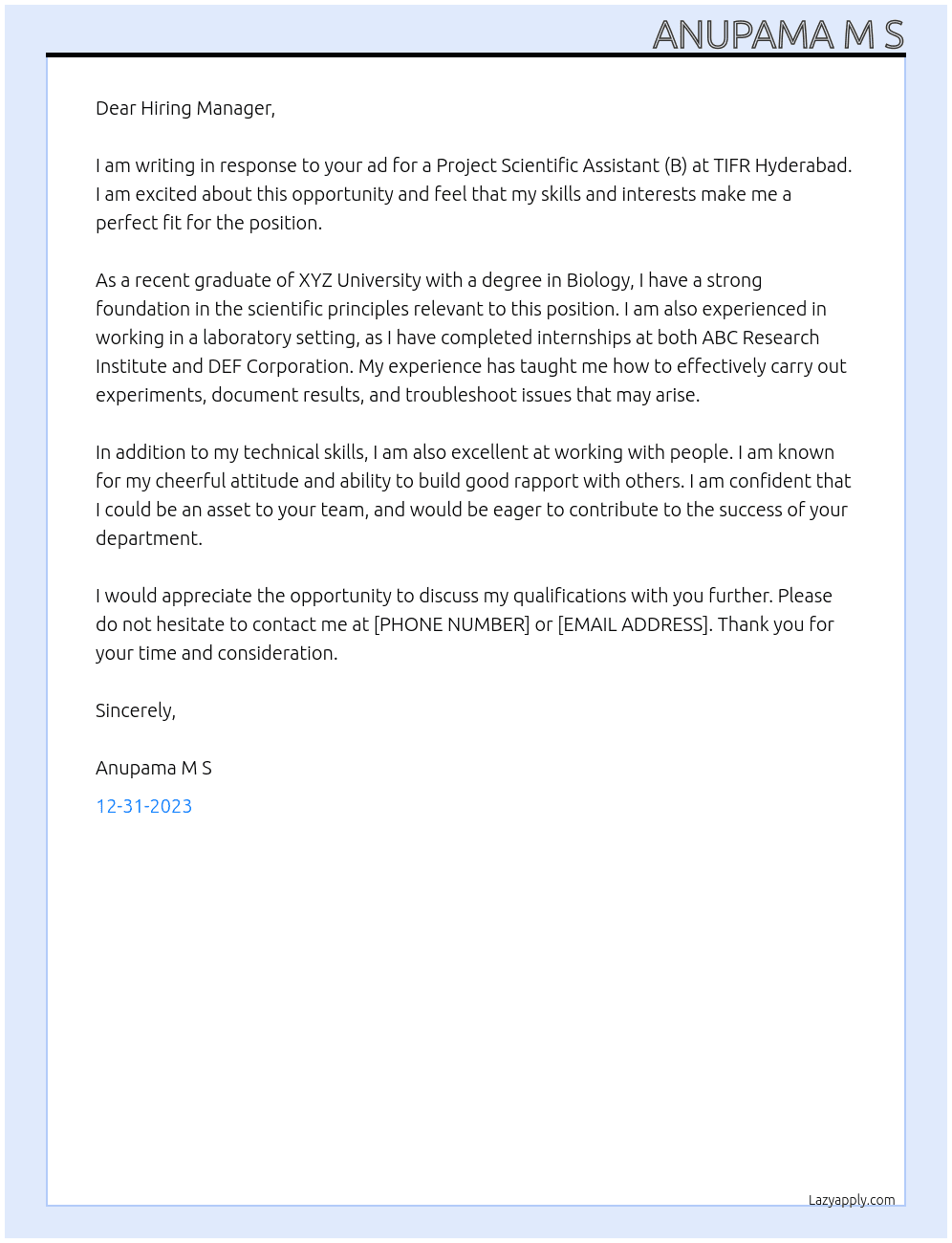 Project scientific assistant (B) At TIFR Hyderabad  Cover Letter
