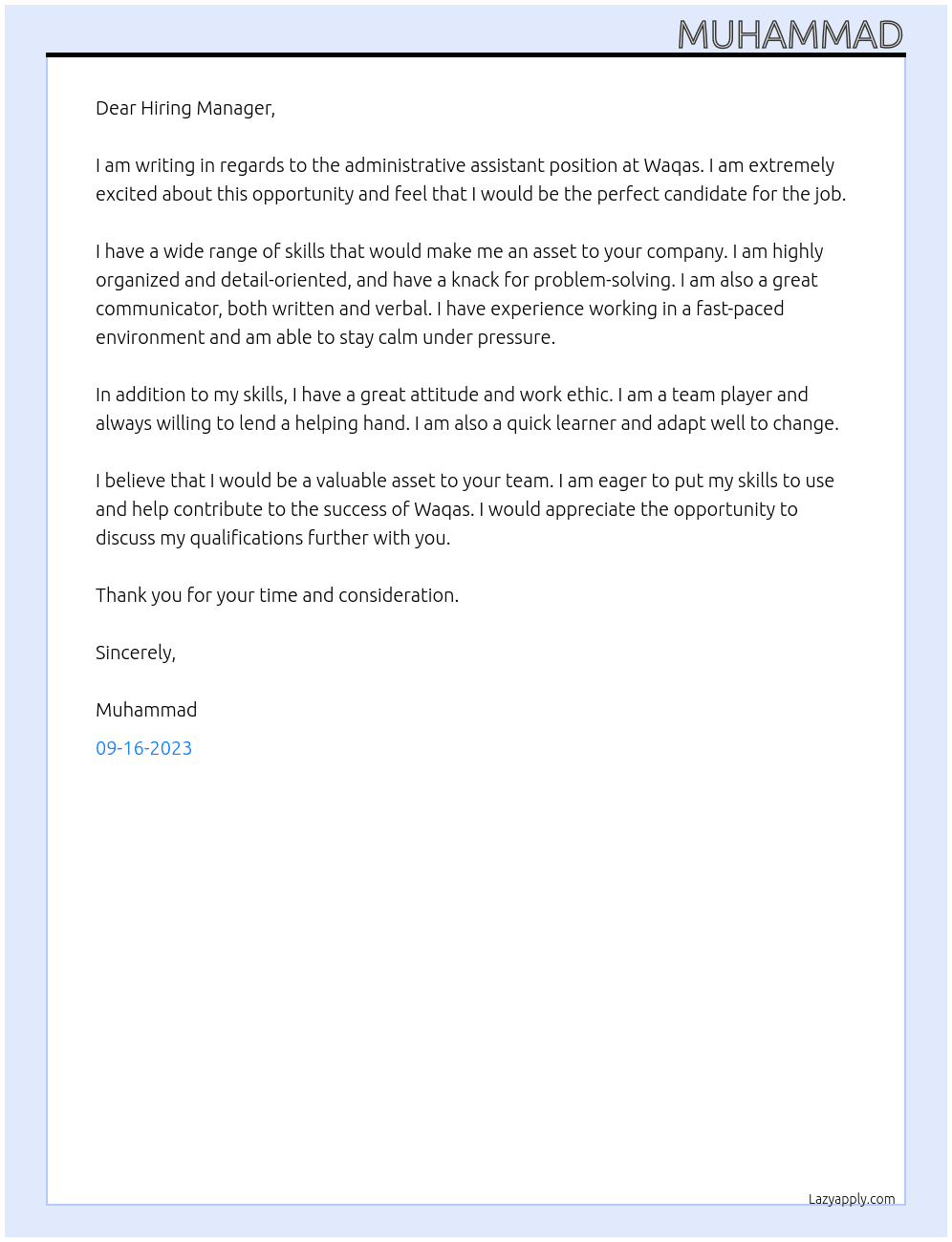 administrative assistant At waqas Cover Letter