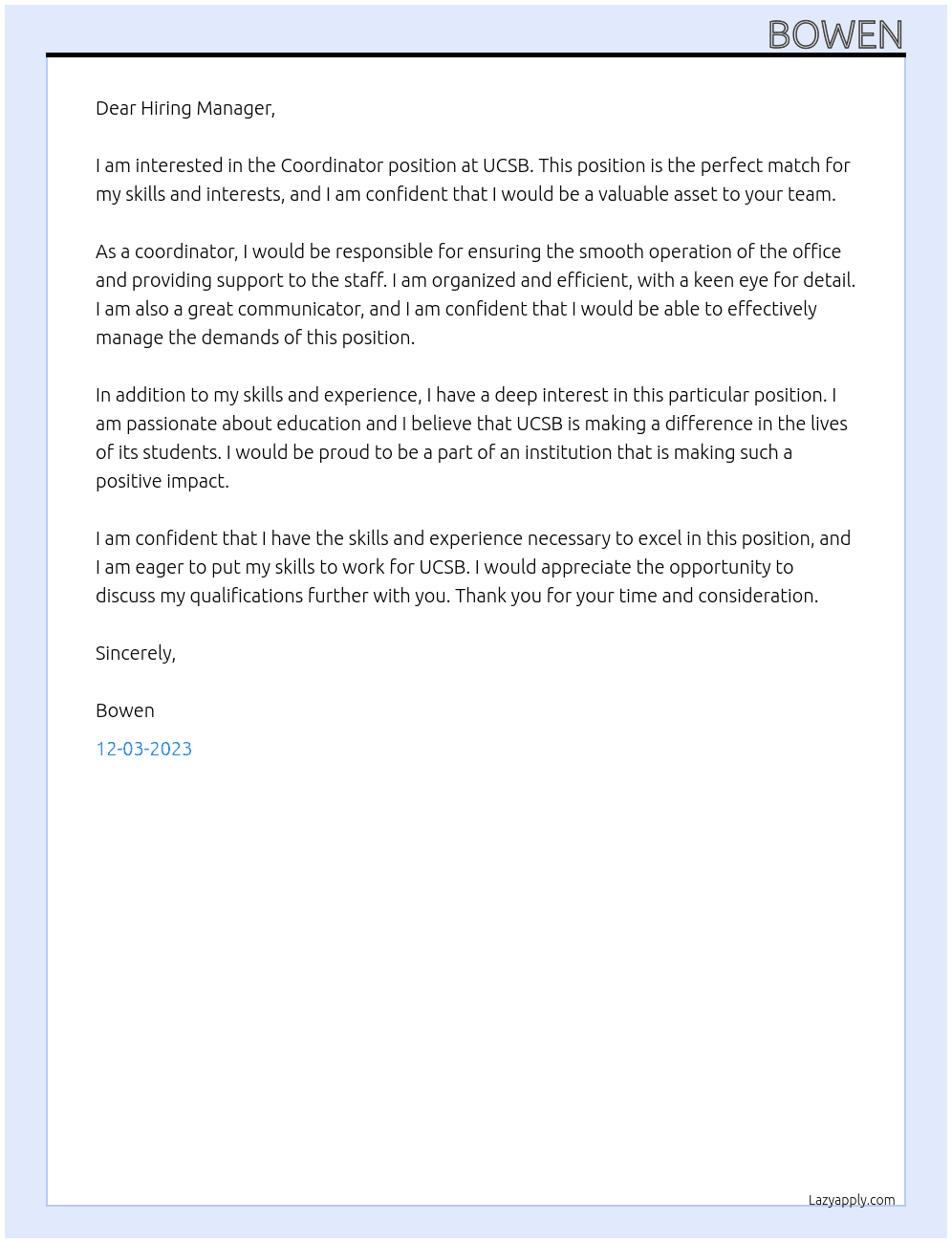 coordinator At UCSB Cover Letter