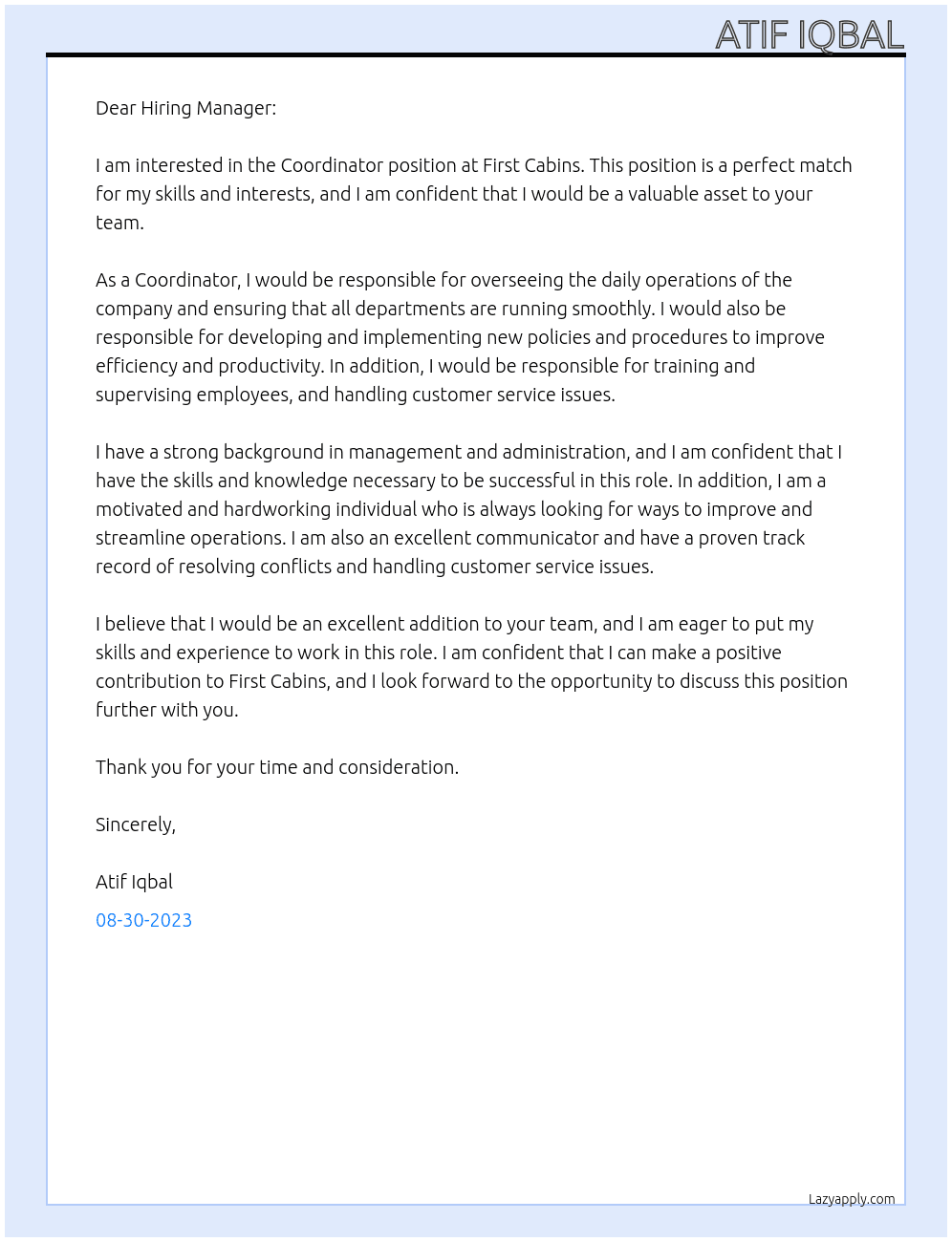 Coordinator  At First Cabins Cover Letter
