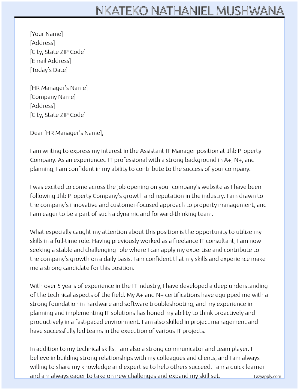 Assitant IT Manager At Jhb Property Compant Cover Letter
